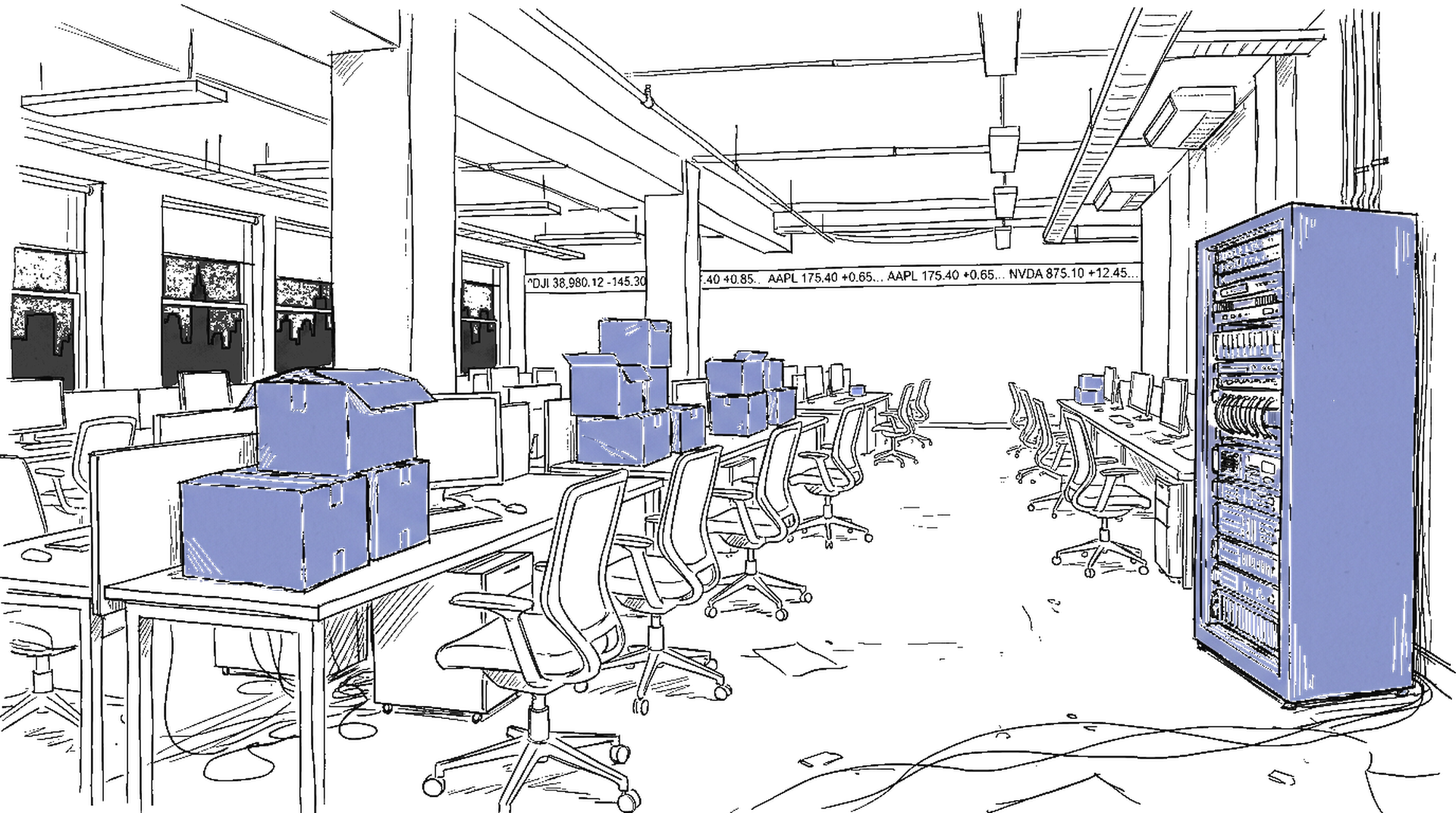 Illustration leeres Büro mit Kartonschachteln und Server-Rack, kinewsletter.ch Stil