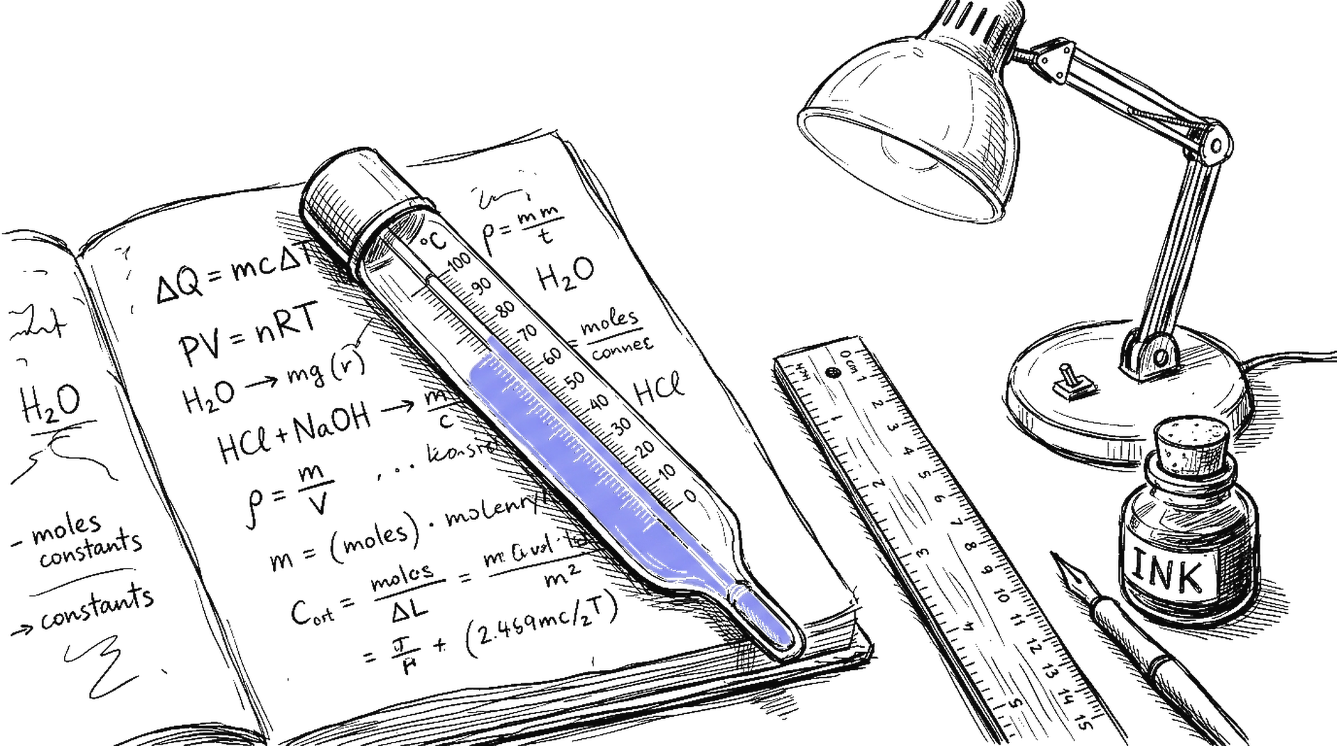 Illustration: Thermometer auf Laborheft mit Formeln, kinewsletter.ch Stil