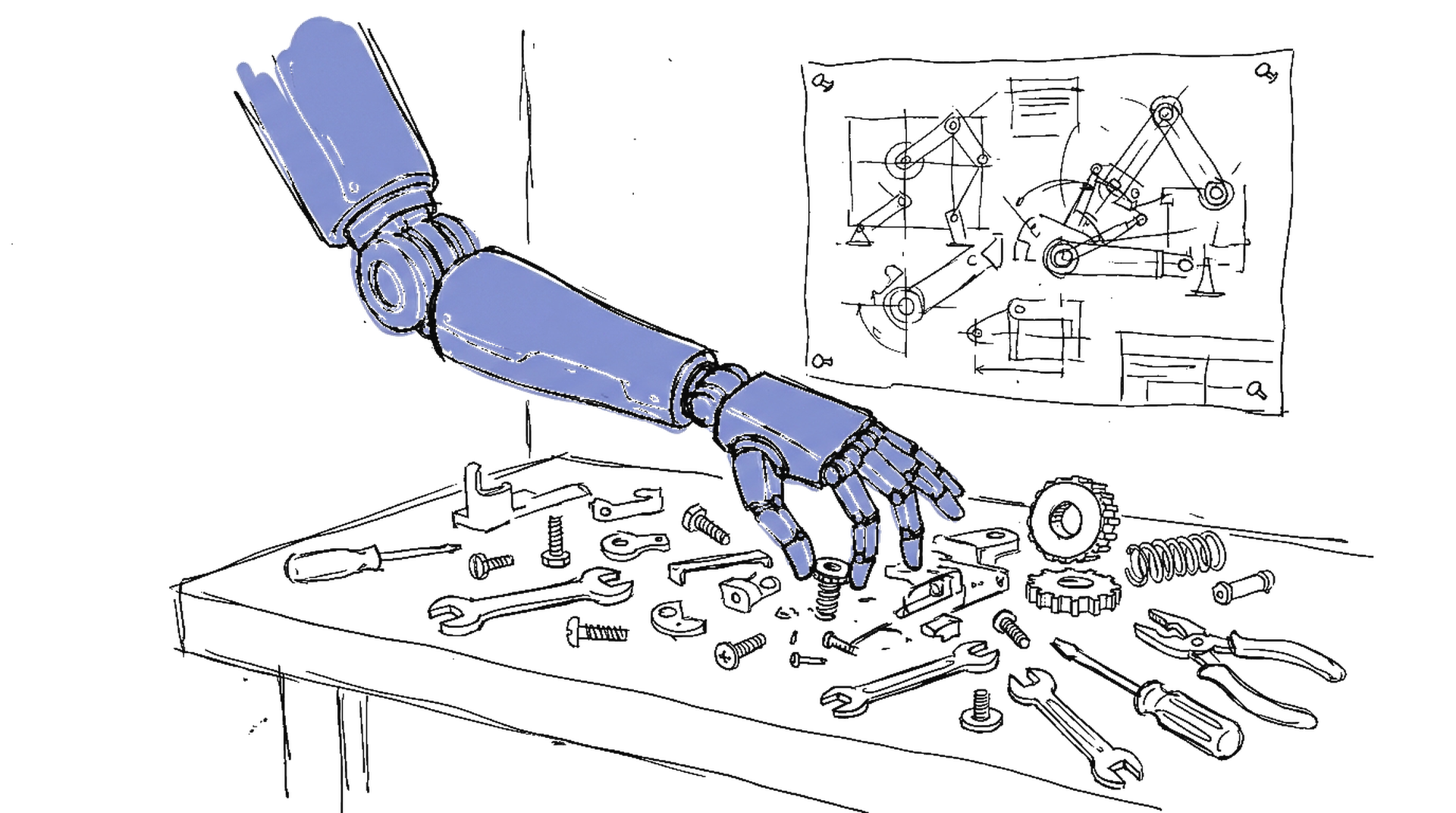 Illustration: Roboterarm an Werkbank mit Bauteilen, kinewsletter.ch Stil