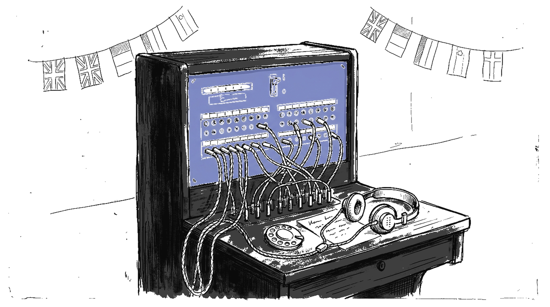 Vintage Telefonzentrale mit Sprachenflaggen, kinewsletter.ch Stil