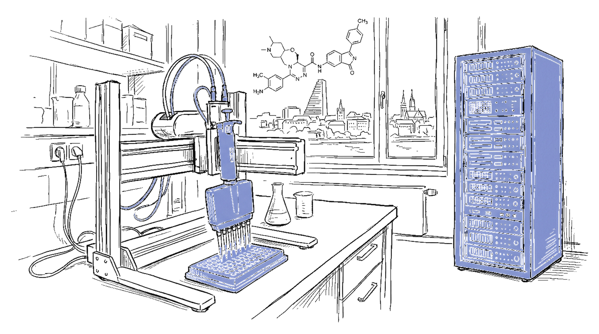 Illustration eines Pharma-Labors mit Roboter-Pipette und GPU-Server-Rack im kinewsletter.ch Skizzen-Stil