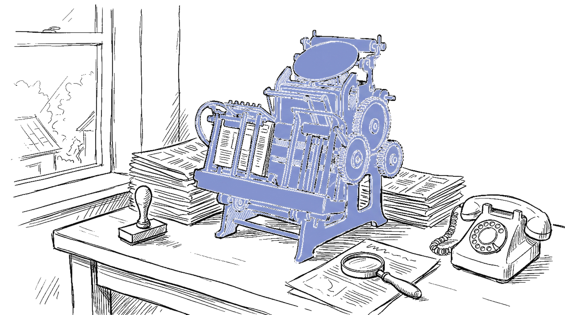 Illustration einer alten Druckpresse mit Tuschestempel und Telefon im kinewsletter.ch-Stil – Symbol fuer den Schweizer KI-Kodex der Medienbranche