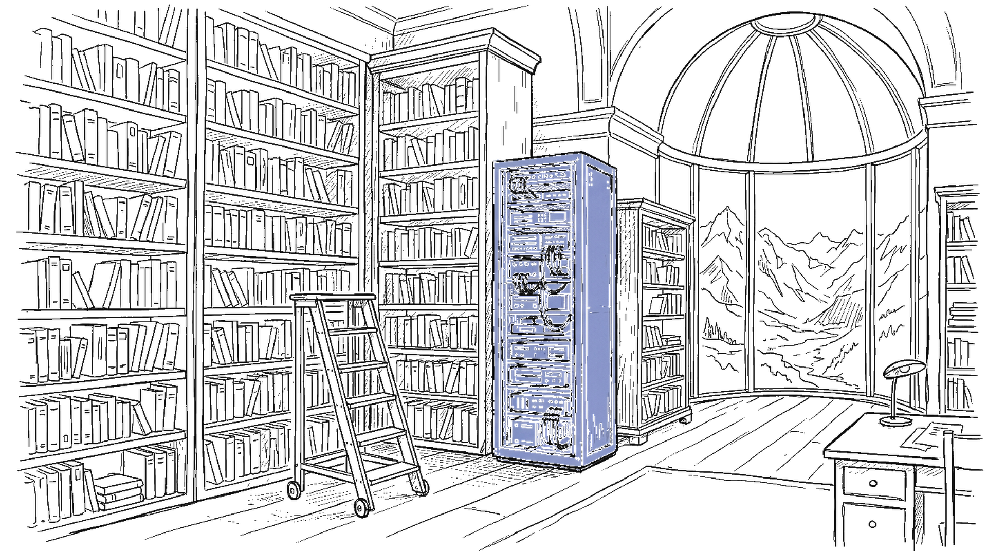 Illustration eines Server-Racks in einem alten Bibliotheks-Archiv mit Glaskuppel im kinewsletter.ch-Stil – Symbol fuer Internet Archive Switzerland in St. Gallen