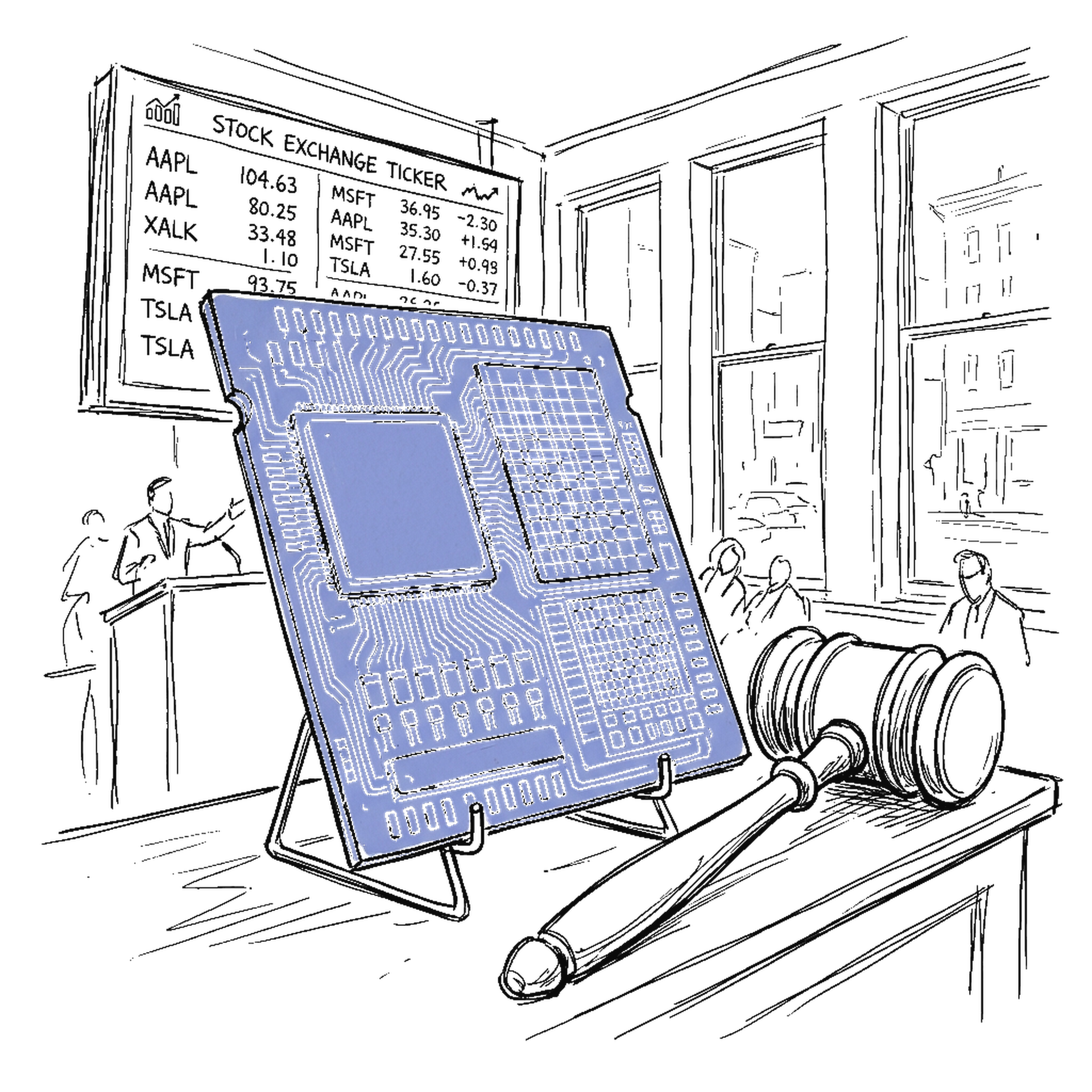 Illustration eines riesigen Computer-Chips mit Börsenticker, kinewsletter.ch Stil