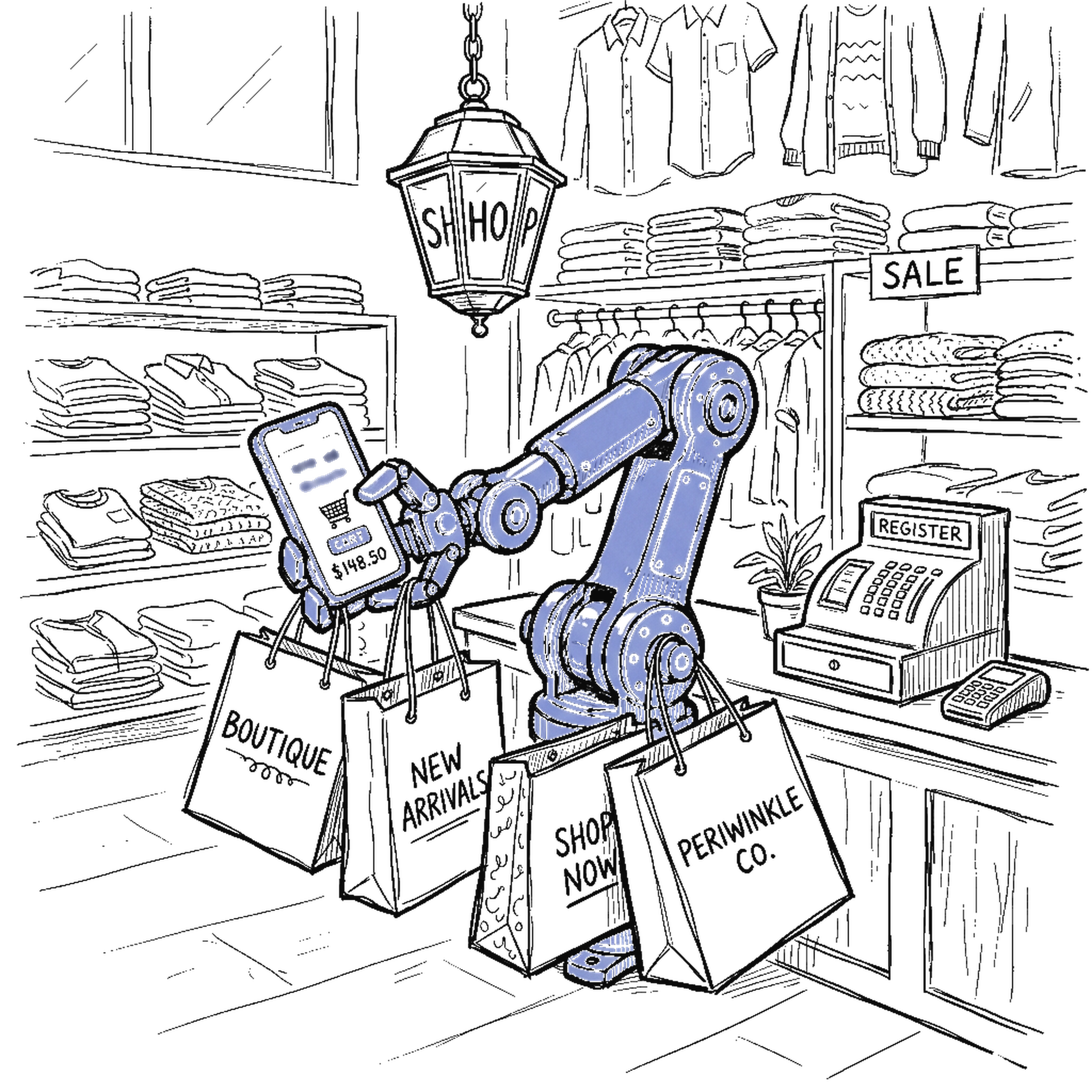 Illustration eines Roboterarms mit Smartphone und Shopping-Tüten, kinewsletter.ch Stil