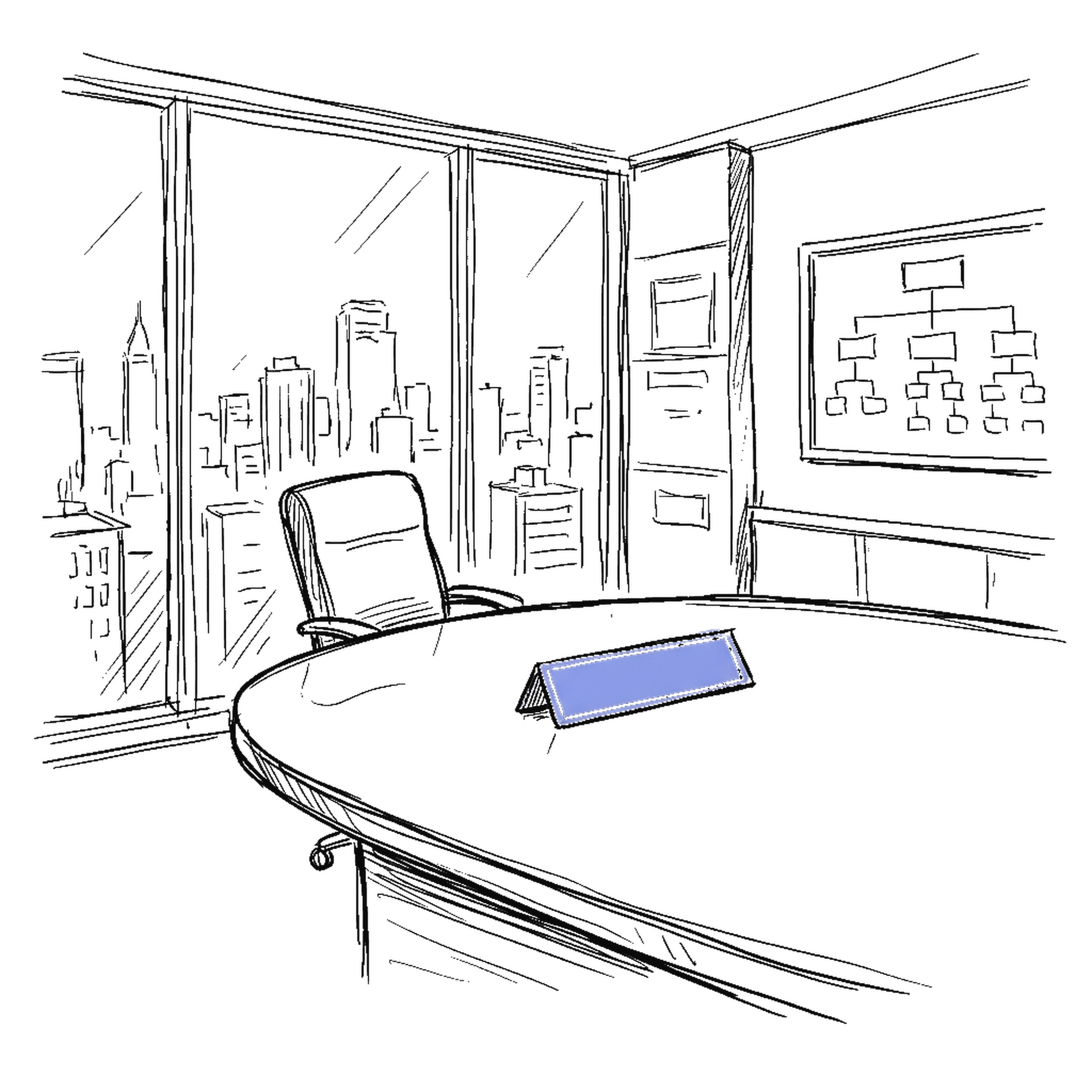 Illustration eines Sitzungszimmers mit leerem Vorstandsstuhl und Namensschild, kinewsletter.ch Stil