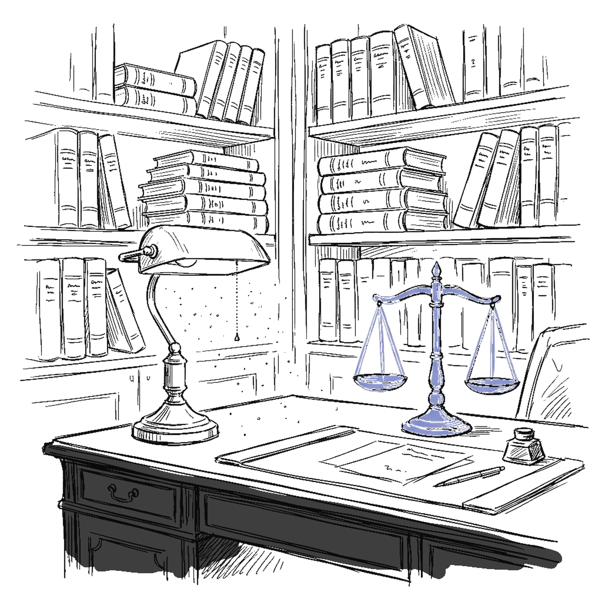 Illustration einer Anwaltskanzlei mit Bibliothek, Brass-Lampe und Waage der Justitia, kinewsletter.ch Stil