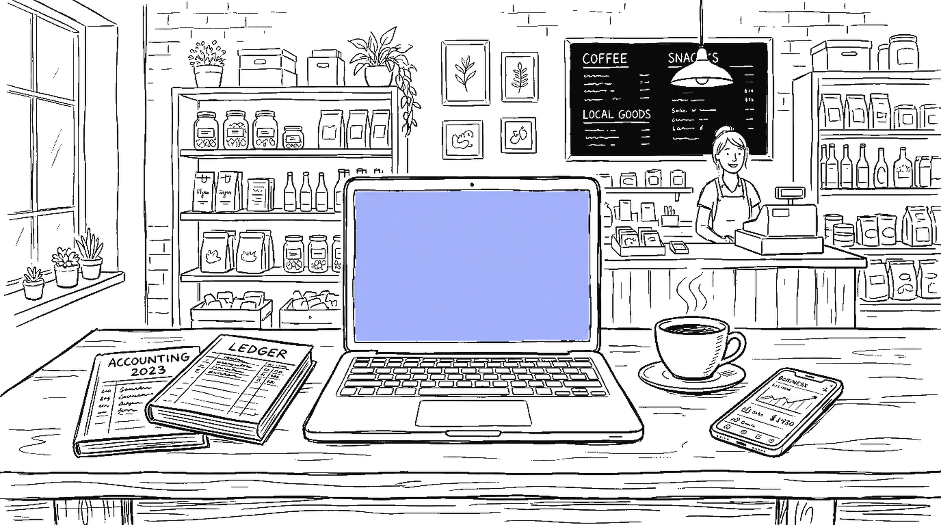 Illustration zu Claude for Small Business: Kleinunternehmen-Szene mit Laptop und Buchhaltung, kinewsletter.ch Stil