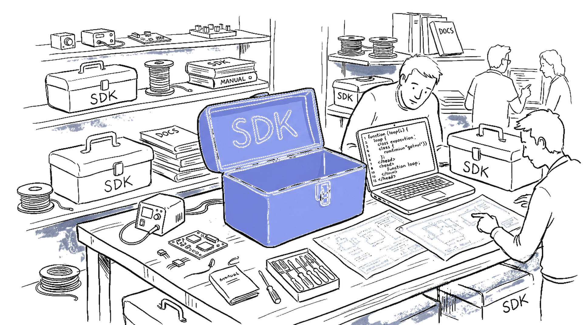 Illustration zu Anthropic kauft Stainless: Werkzeugkisten und Laptop, kinewsletter.ch Stil