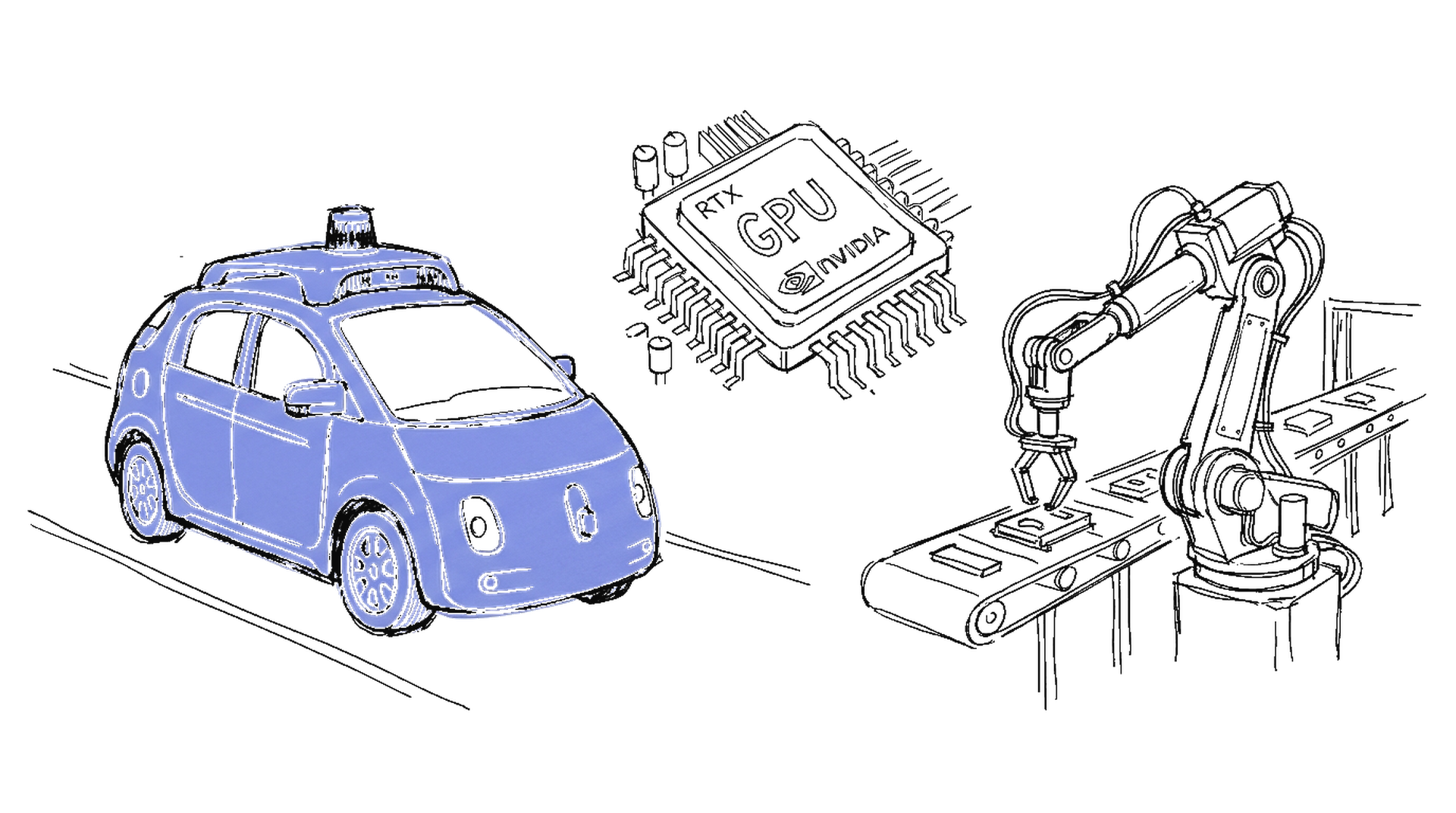 Illustration eines autonomen Fahrzeugs neben GPU-Chips und Roboterarm im kinewsletter.ch Skizzen-Stil
