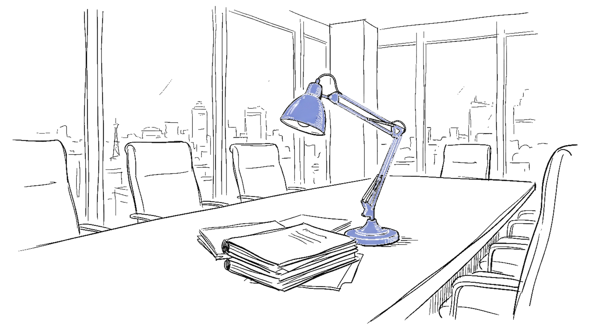 Sitzungszimmer mit Konferenztisch, Aktenstapeln und Messinglampe – kinewsletter.ch Illustration