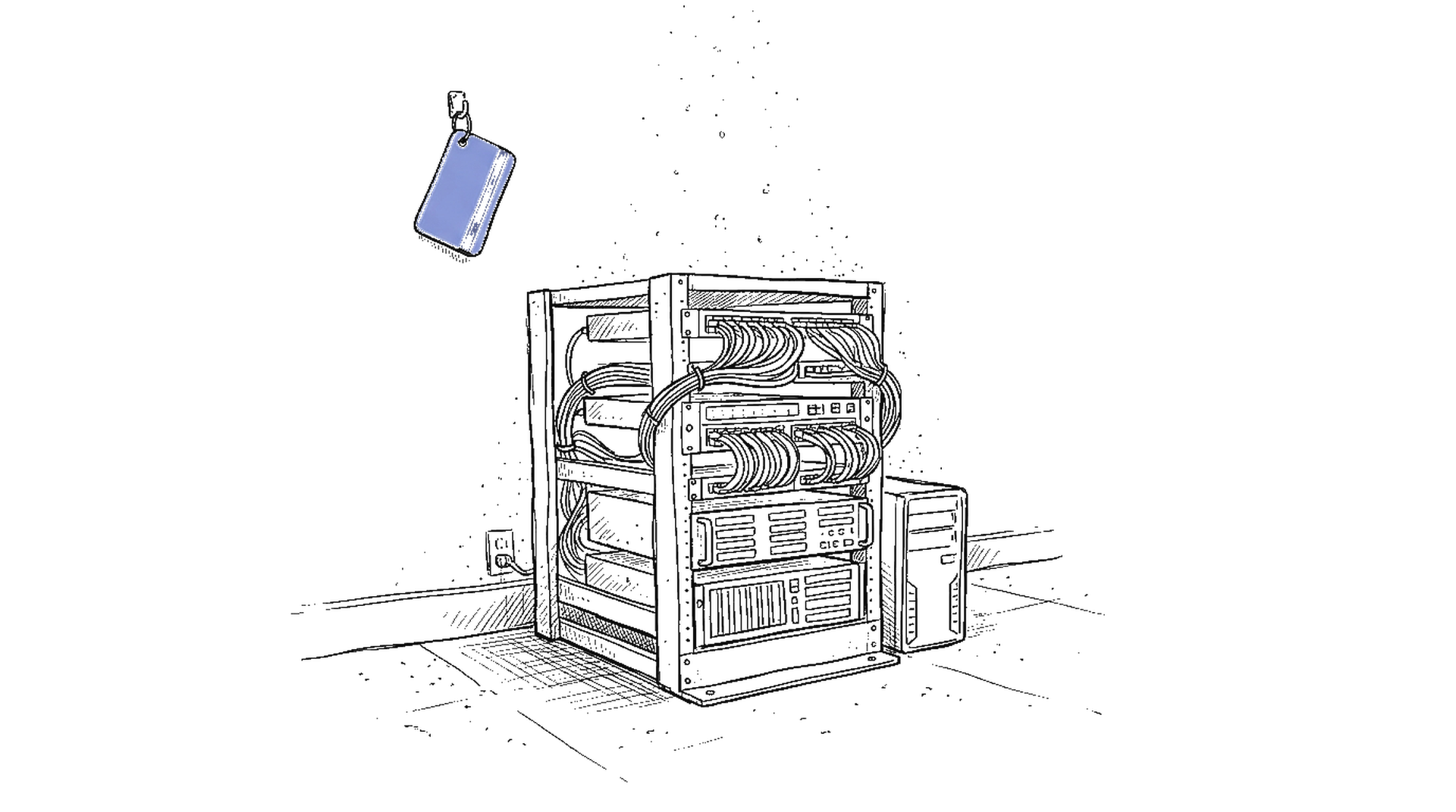 Serverrack mit Netzwerkkabeln und haengender Keycard – kinewsletter.ch Illustration