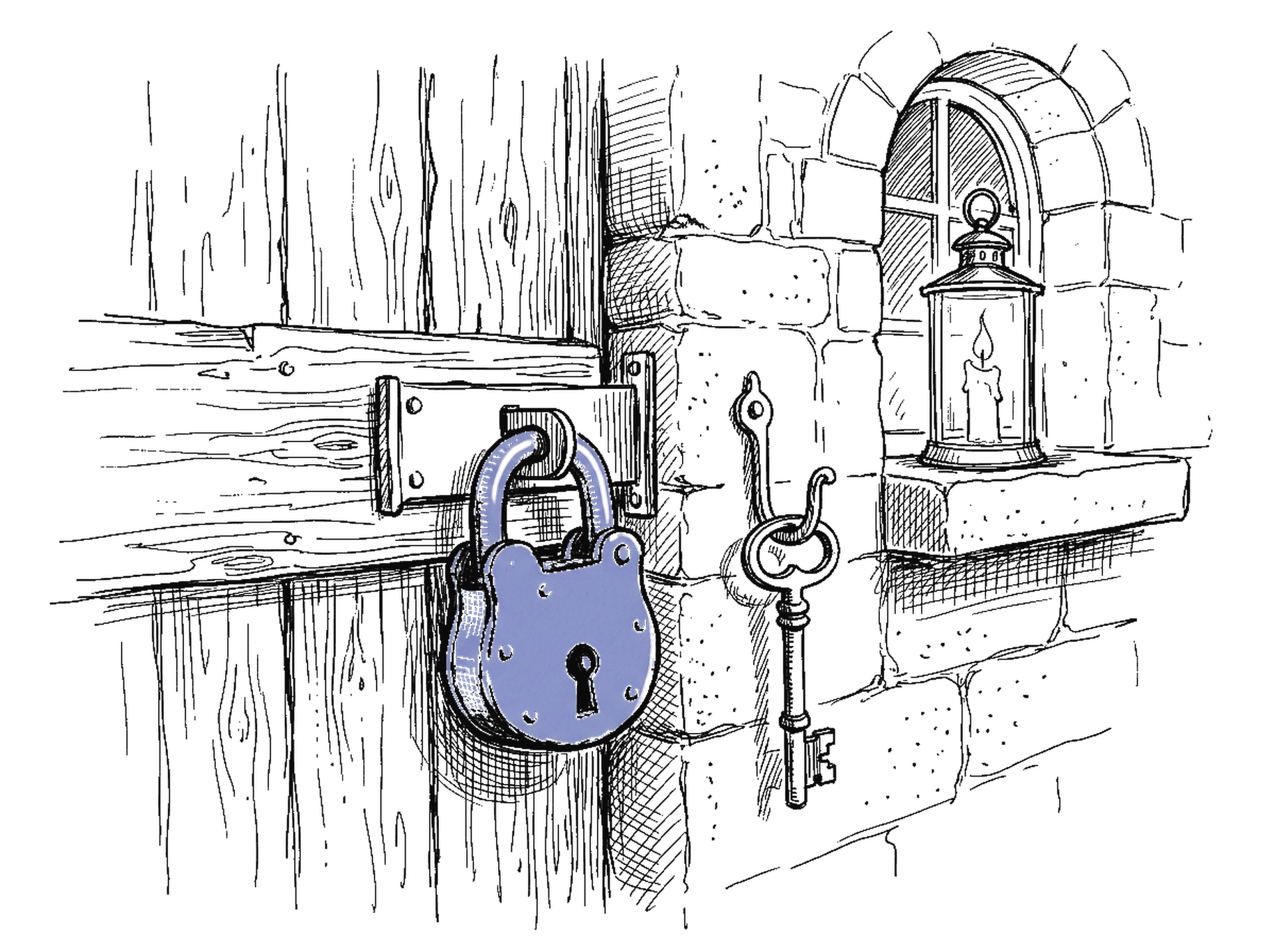 Vorhängeschloss mit Schlüssel an Steinwand mit Bogenfenster – kinewsletter.ch Illustration