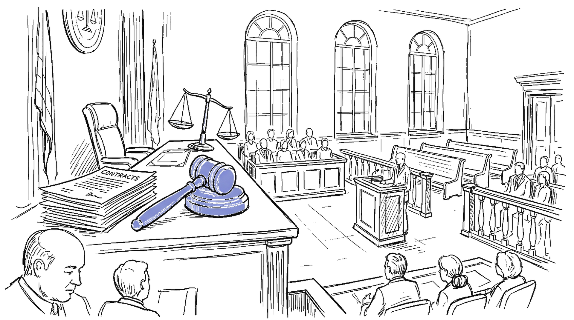 Gerichtssaal mit Richterhammer, Vertraegestapel und Waage – kinewsletter.ch Illustration