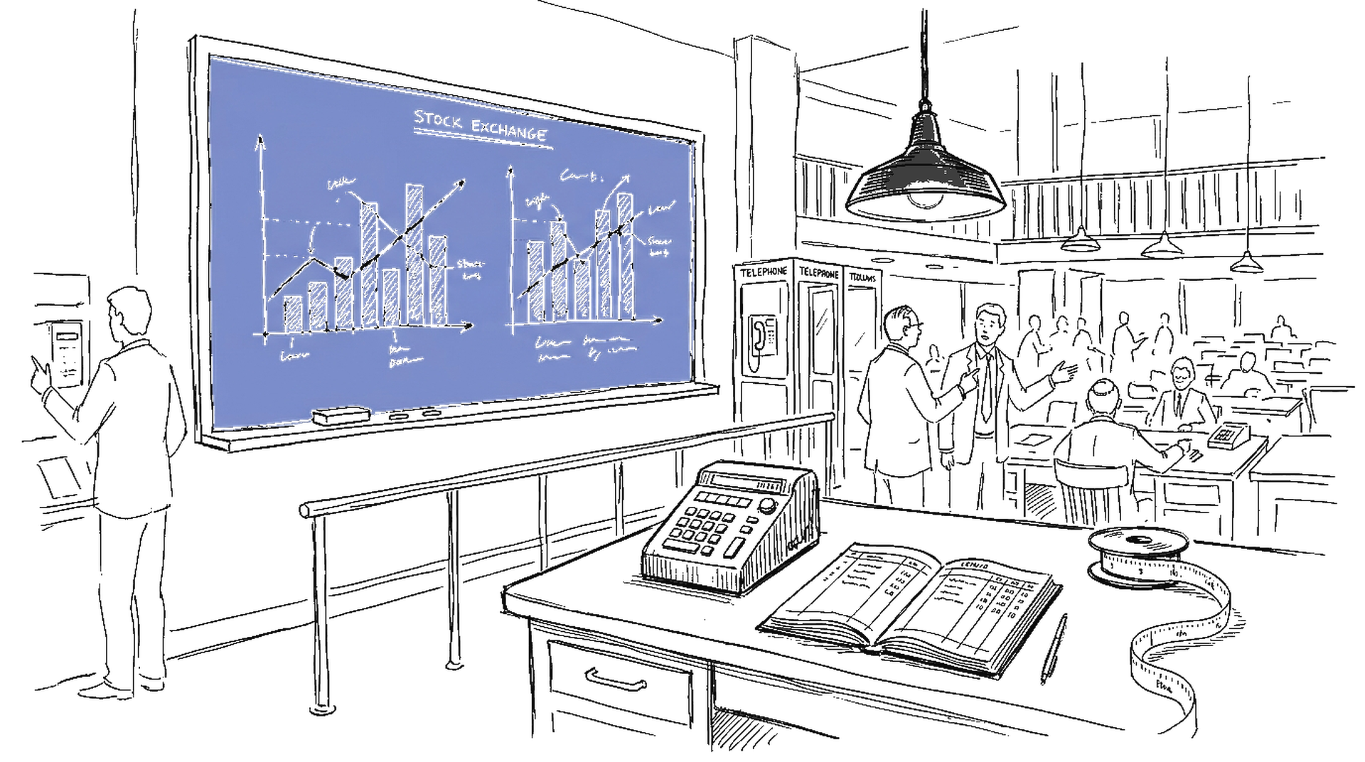 Boersensaal mit Kreidetafel und gekreuzten Balkendiagrammen – kinewsletter.ch Illustration