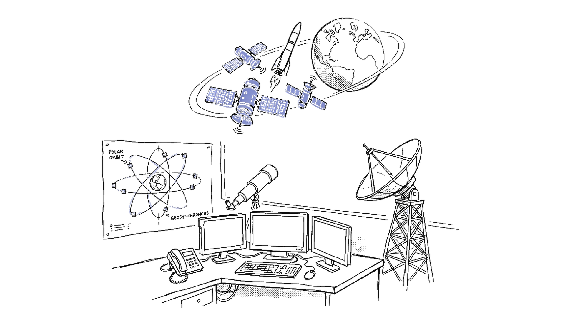 Satellitencluster im Orbit mit Trager-Rakete und Bauplan – kinewsletter.ch Illustration
