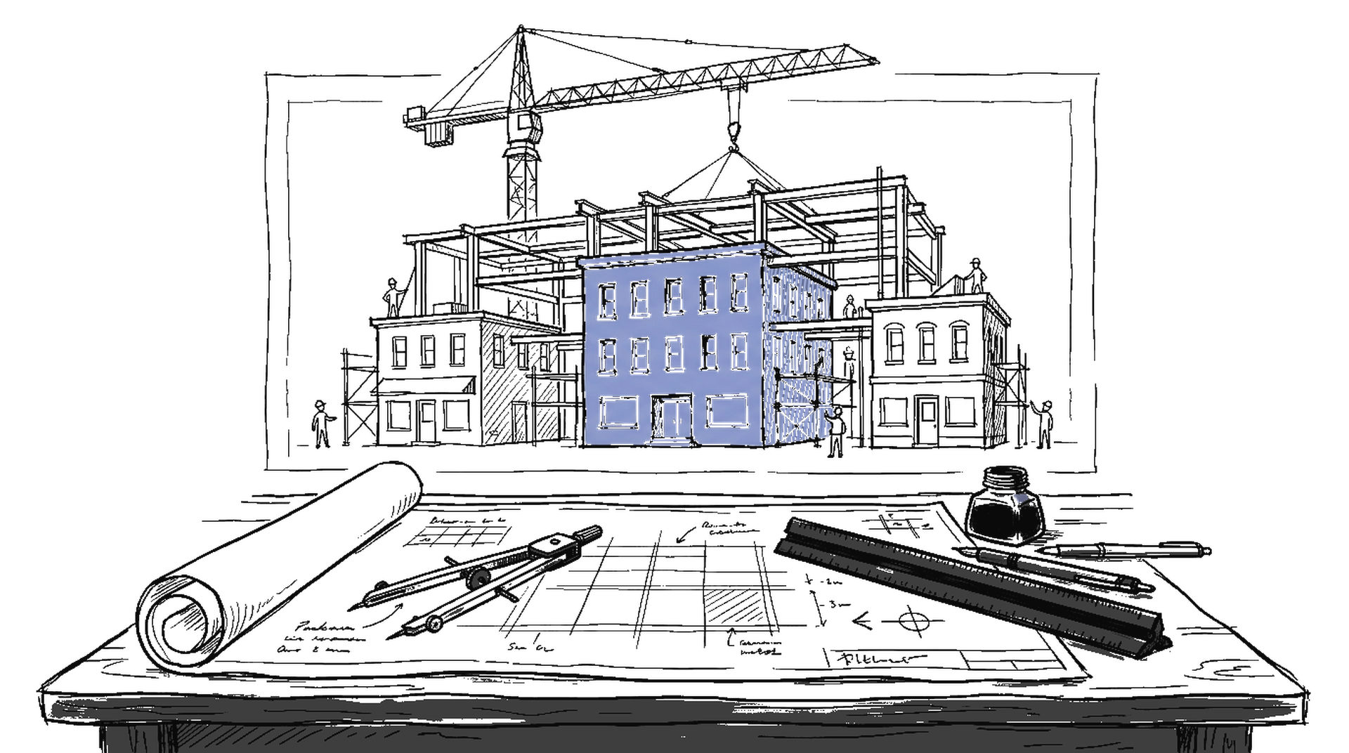Illustration: Fusion dreier Bürogebäude mit Baukran, Bauplan auf Architekten-Tisch, kinewsletter.ch Stil