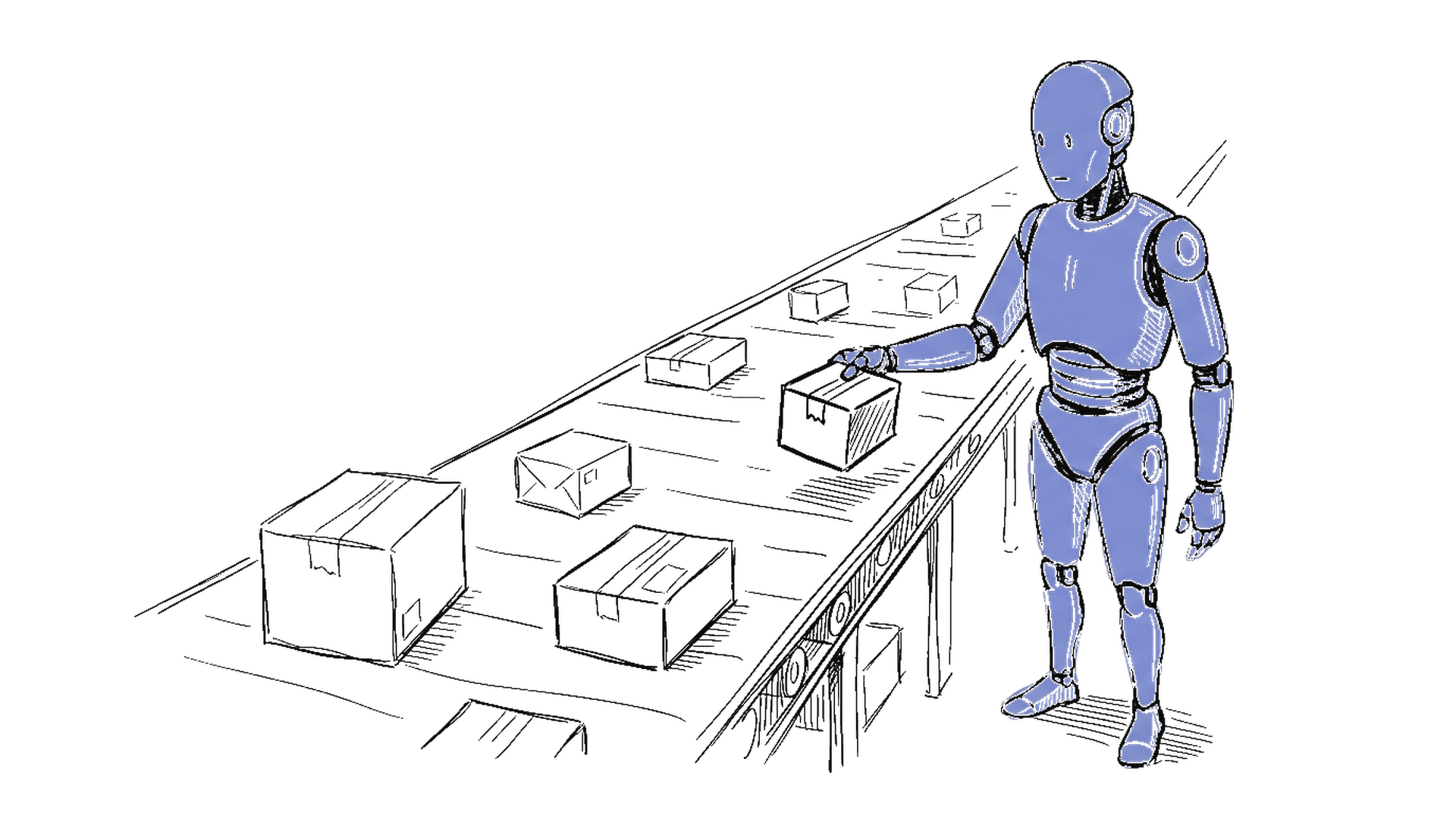 Illustration: humanoider Roboter am Förderband mit Paketen, kinewsletter.ch Stil