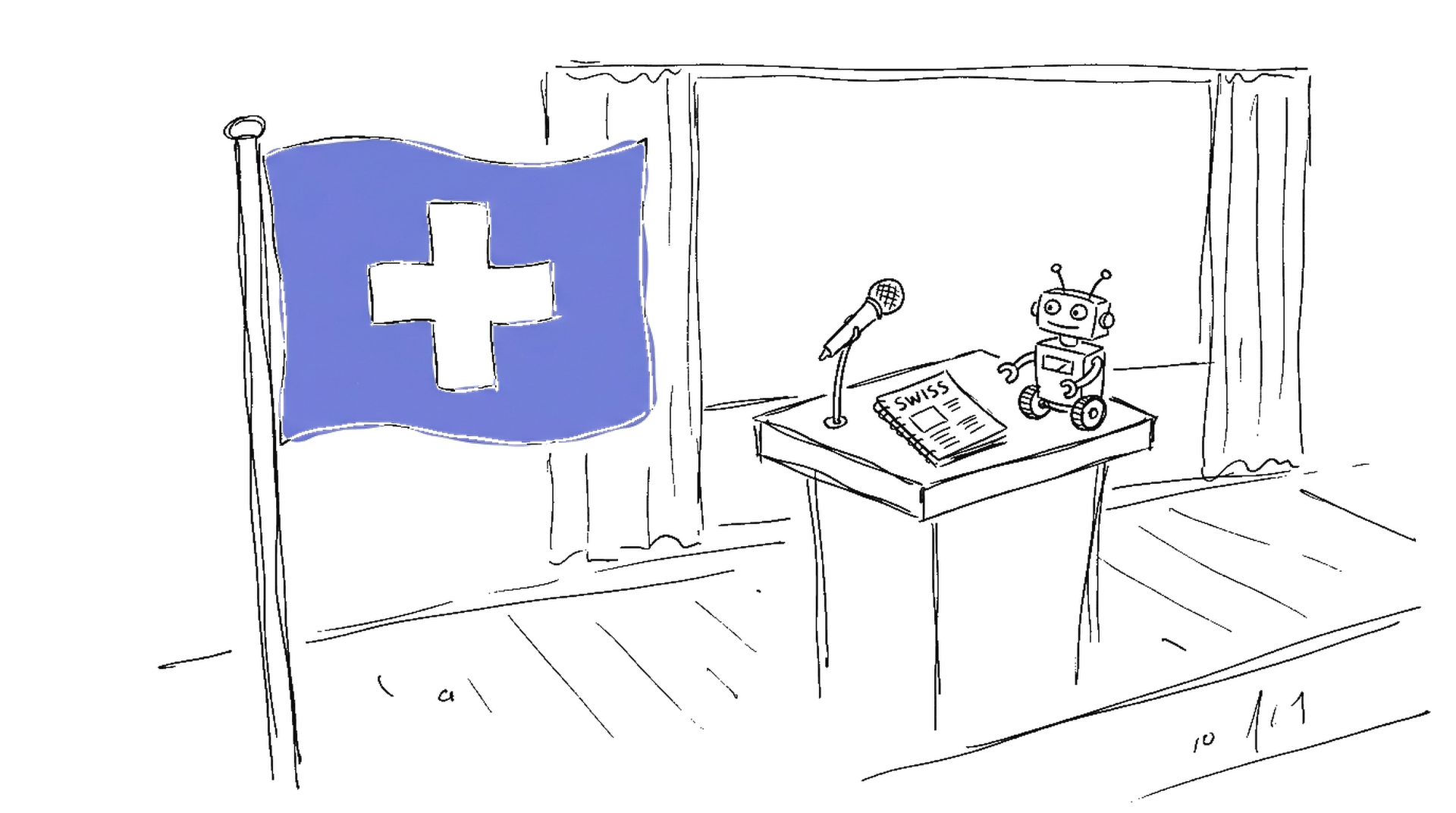 Illustration einer Schweizer Flagge mit Konferenz-Szene und Roboter im kinewsletter.ch Skizzen-Stil