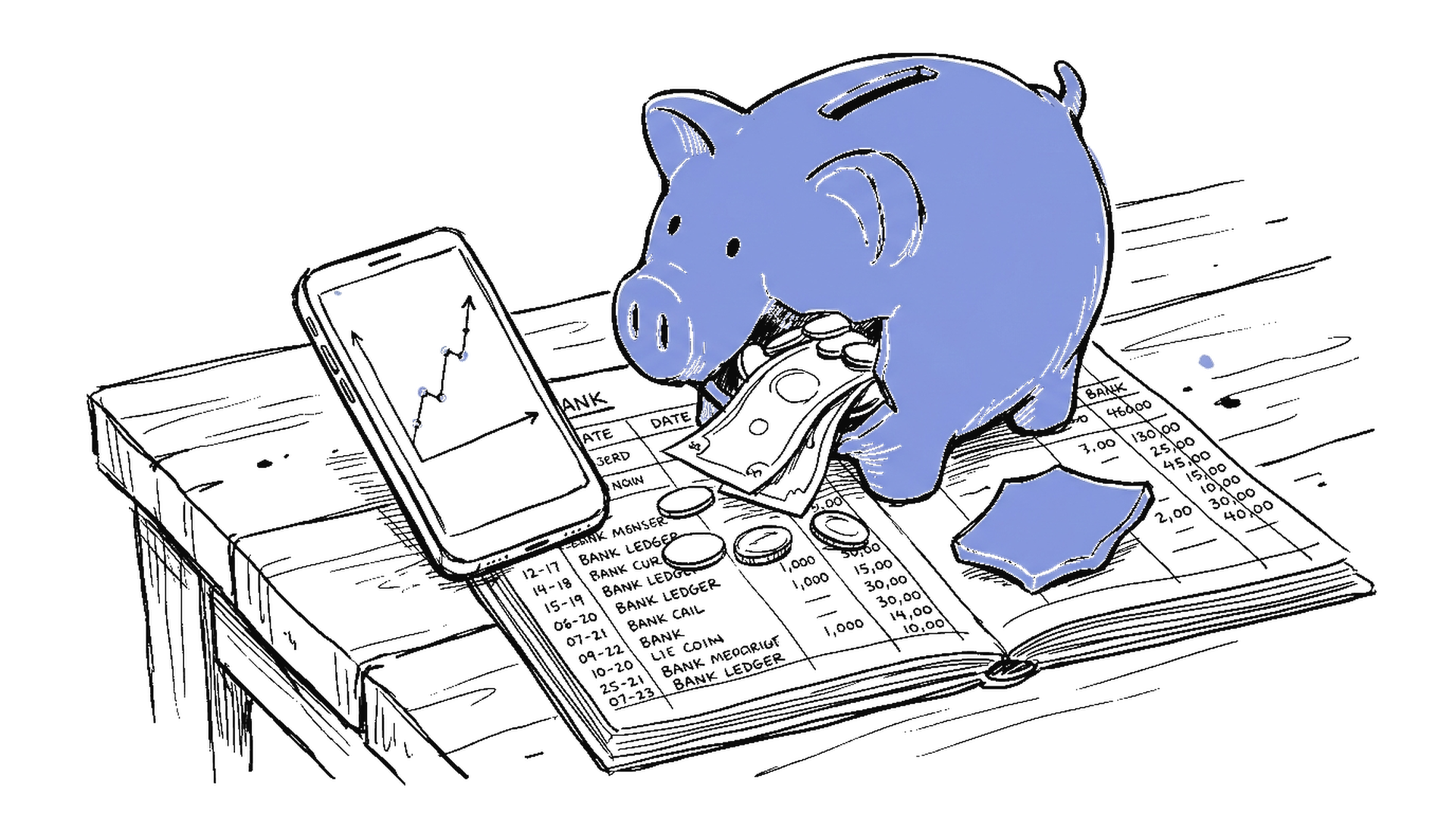 Illustration: Sparschwein mit Münzen, Smartphone und Kontobuch auf Holztisch, kinewsletter.ch Stil