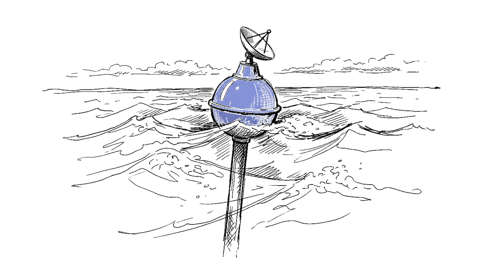 Illustration einer schwimmenden Boje mit Satellitenantenne und Stahlrohr im Meer, kinewsletter.ch Stil