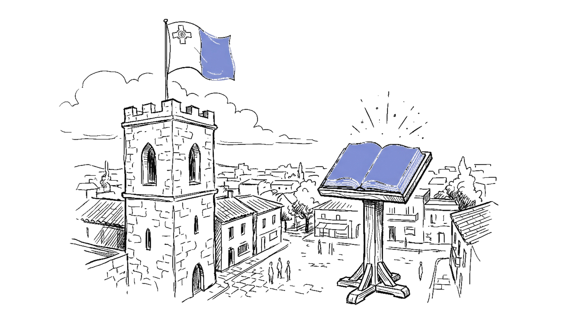 Illustration der maltesischen Flagge auf einem Turm und einem offenen Buch mit Strahlen, kinewsletter.ch Stil