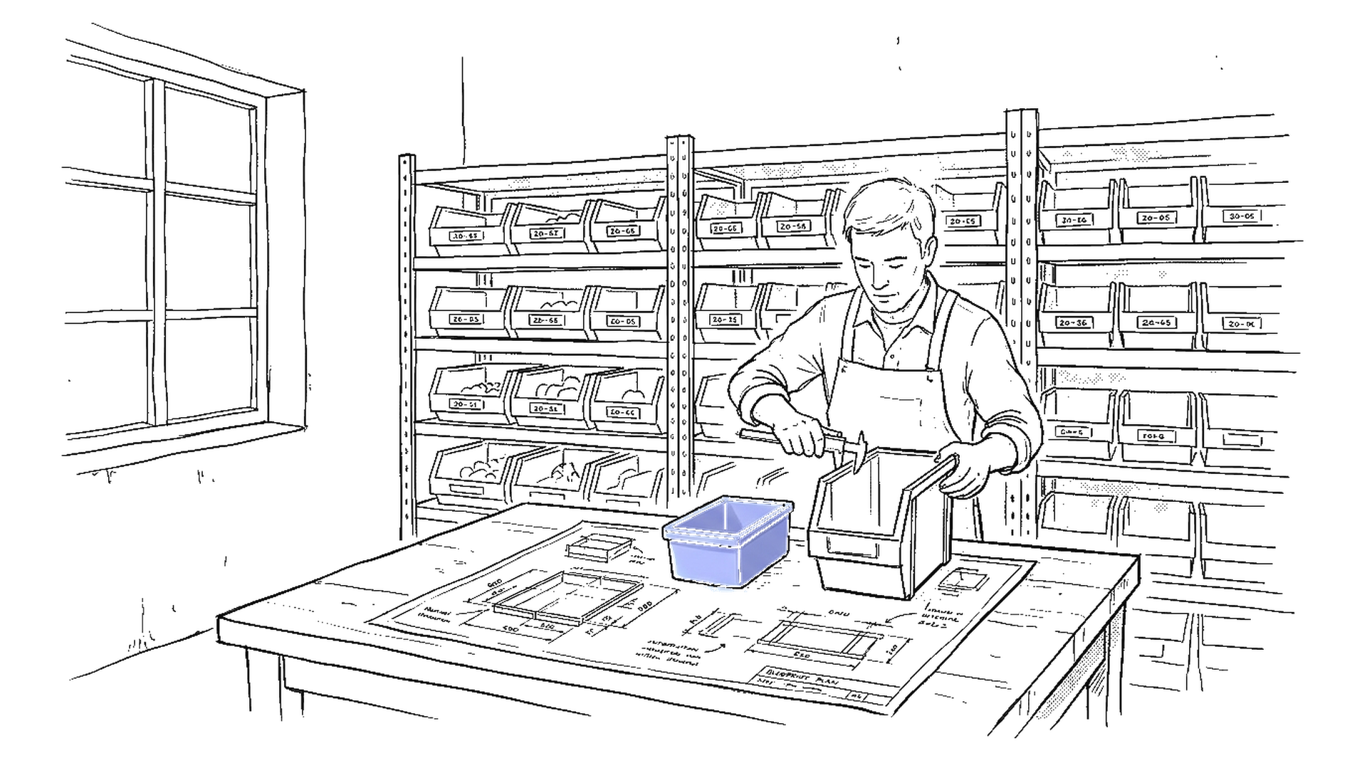Skizze einer Werkstatt mit modularen Kisten in unterschiedlichen Grössen, eine kleine helle Kiste wird mit einer grossen verglichen — Symbol für Gemini 3.5 Flash, kinewsletter.ch Stil