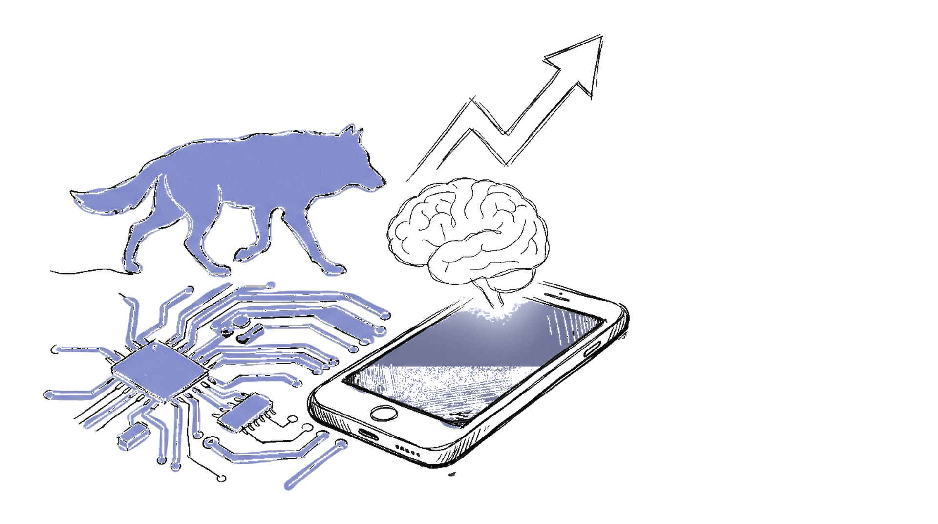 Illustration eines Smartphones mit leuchtendem Gehirn-Hologramm und Wolf-Silhouette – symbolisiert Xiaomis Hunter Alpha KI-Modell