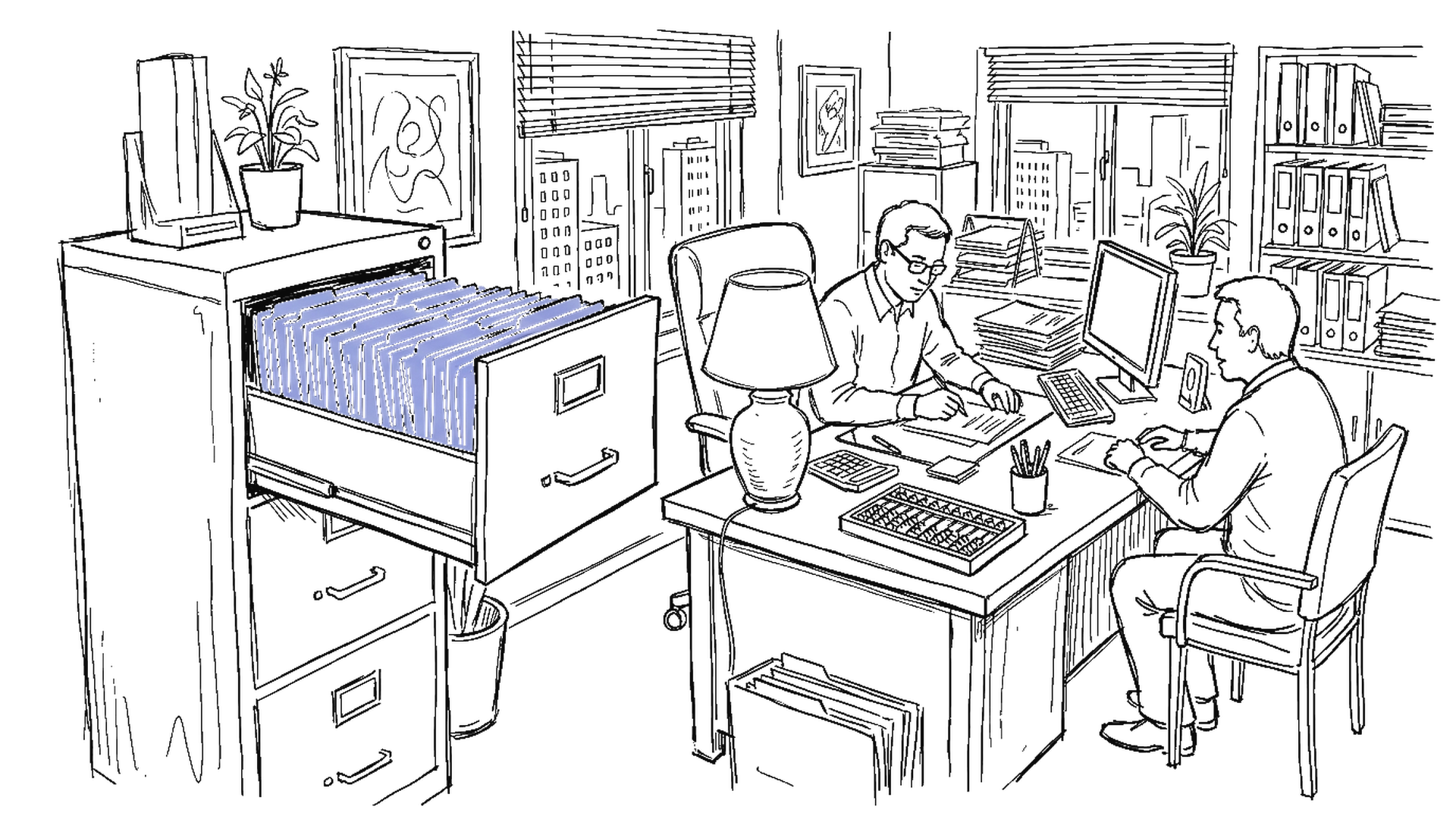 Illustration eines Beratungs-Büros mit offenem Aktenschrank, kinewsletter.ch Stil