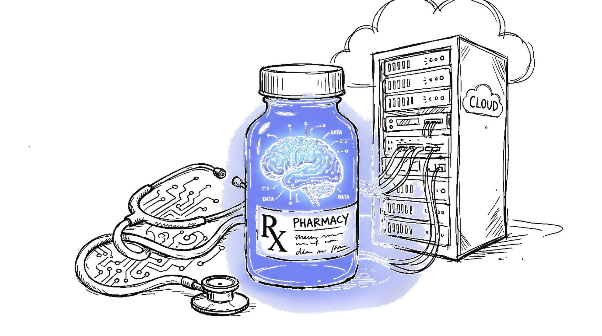 Illustration einer Apothekenflasche mit digitalem Gehirn und Cloud-Server – symbolisiert DocMorris AI-First Partnerschaft mit Google