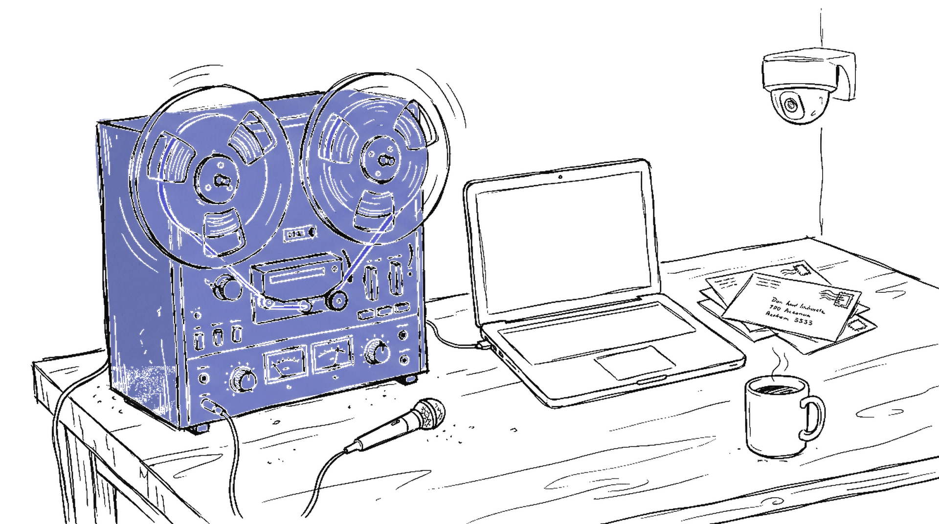 Skizze eines Tonbandgeräts, das einen Laptop heimlich aufnimmt, Überwachungskamera im Hintergrund, kinewsletter.ch Stil