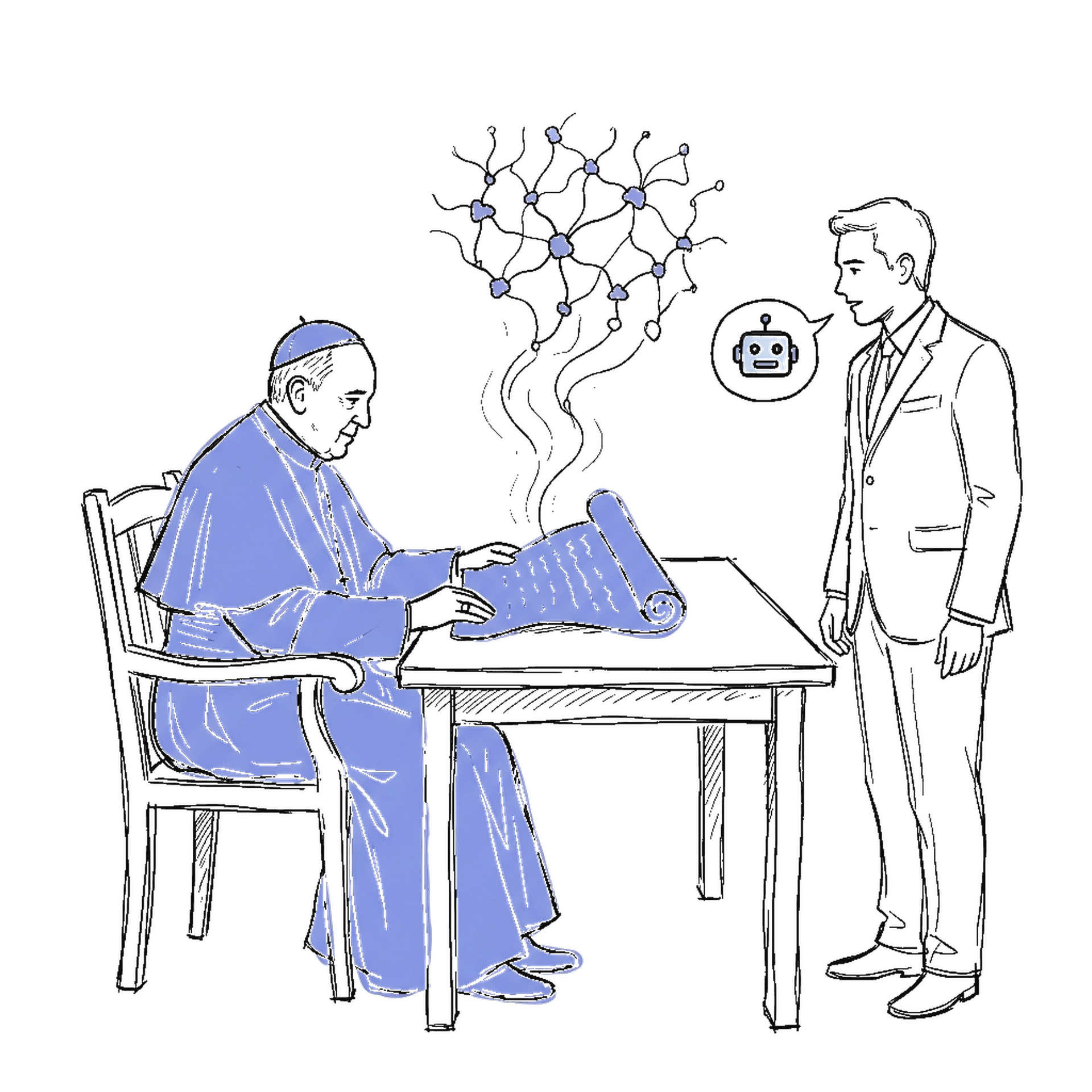 Skizze Papst Leo XIV. mit Enzyklika-Dokument und Anthropic-Vertreter