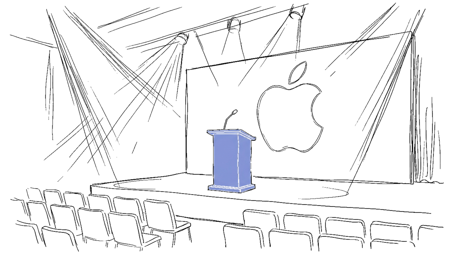 Illustration einer Konferenzbühne mit Podium und Apple-Logo, kinewsletter.ch Stil