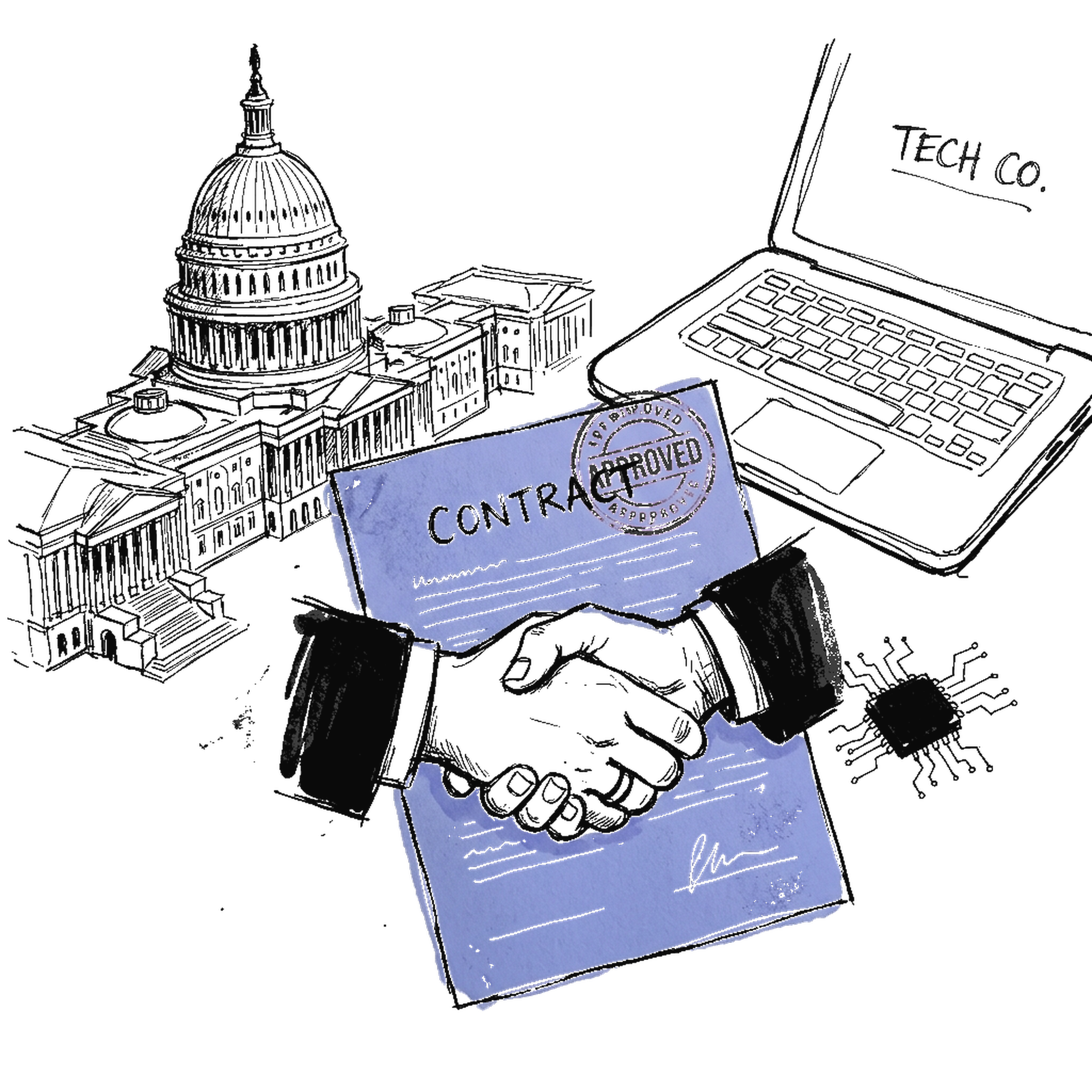 Skizze Capitol Hill mit Vertrag, Handschlag und Tech-Laptop, kleiner Chip neben dem Dokument