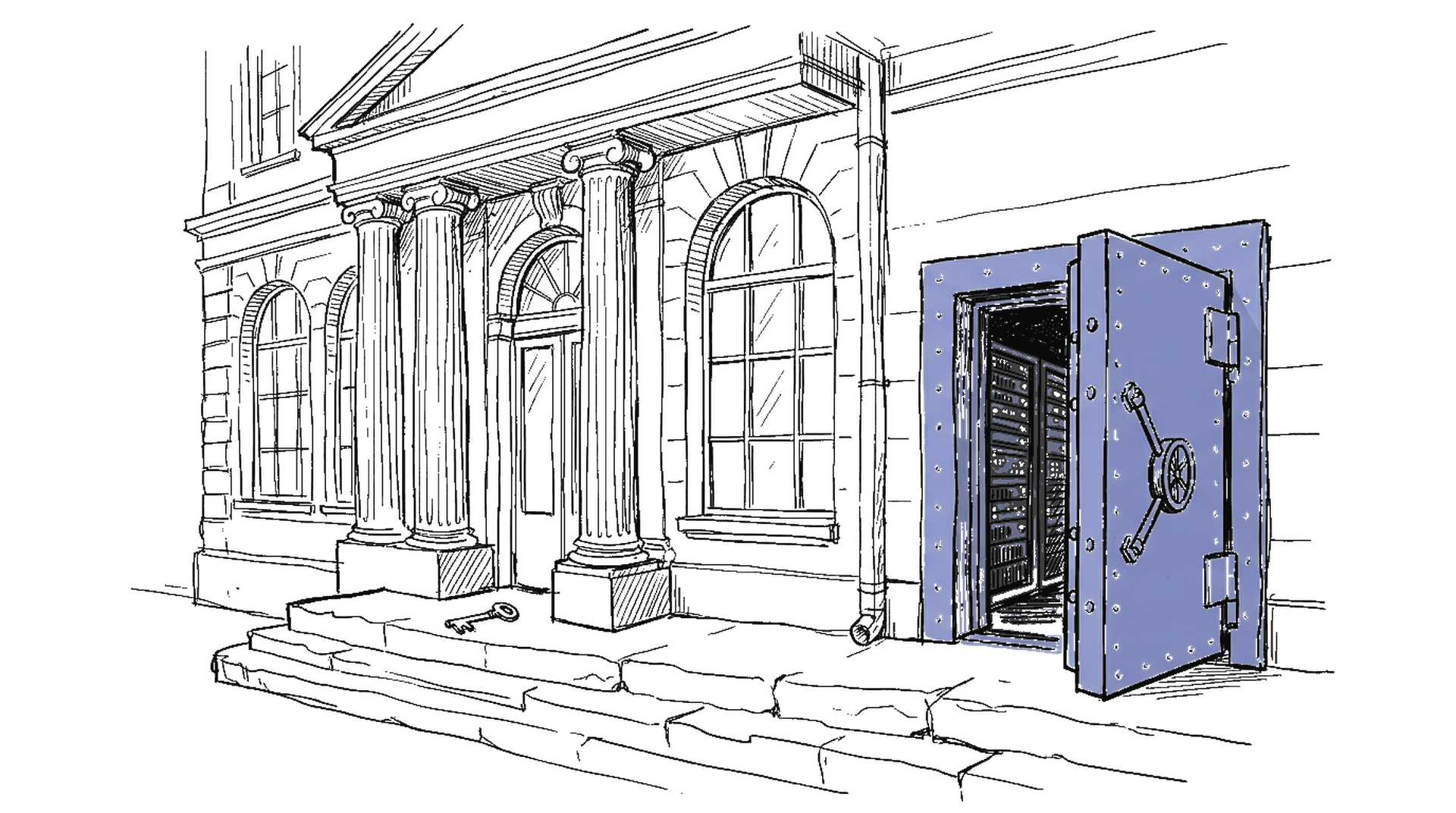 Skizze Schweizer Banktresor mit geöffneter blauer Stahltür und Server-Racks im Inneren