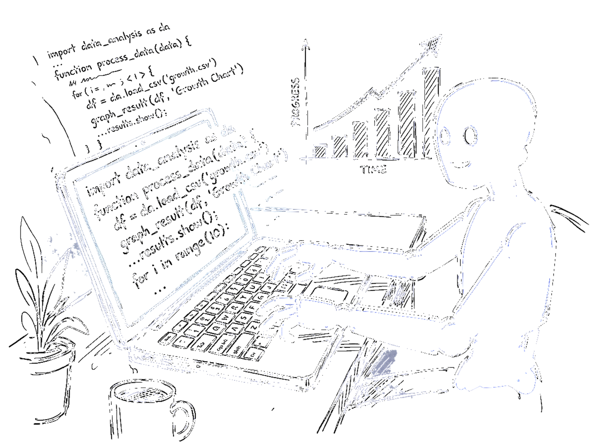 Skizze eines elektroblauen Roboters, der auf einem Laptop Code tippt, im Hintergrund ein steigendes Balkendiagramm