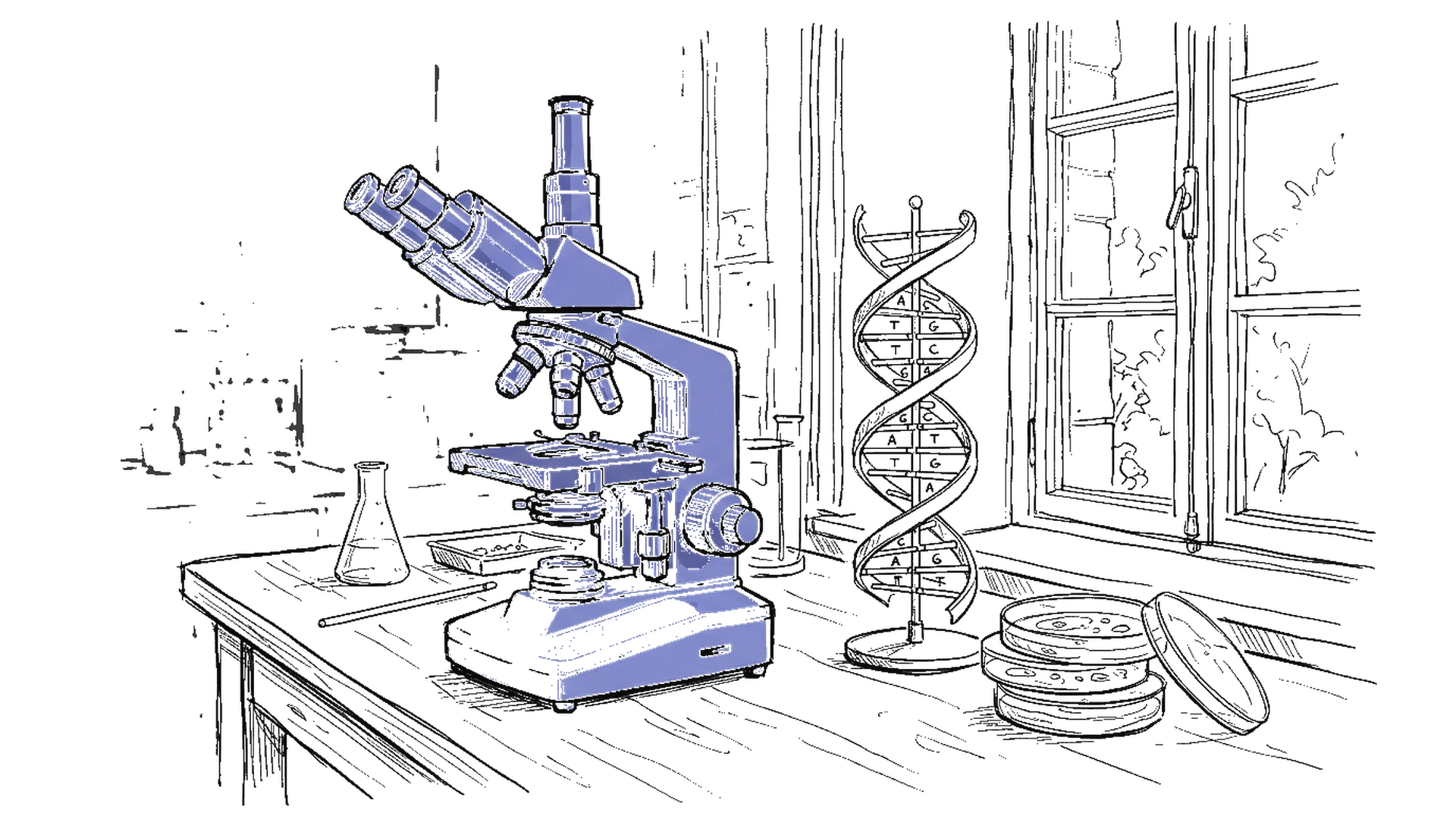 Illustration eines Labortischs mit Mikroskop und DNA-Modell, kinewsletter.ch Stil