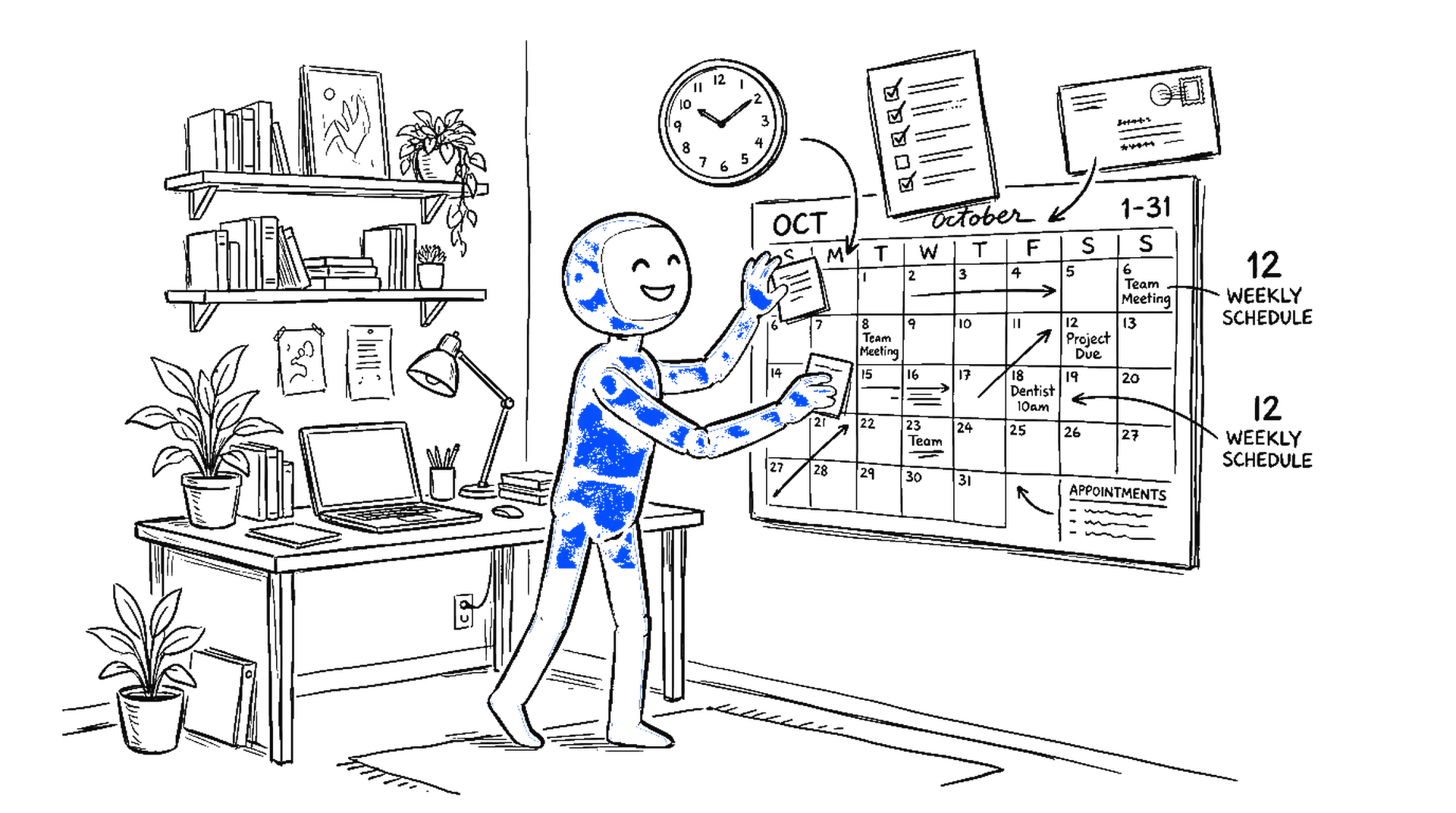 Skizze einer freundlichen KI-Assistenzfigur mit elektroblauem Akzent, die an einem Buerotisch einen Wandkalender organisiert, umgeben von Brief-, Uhr- und Checklisten-Symbolen