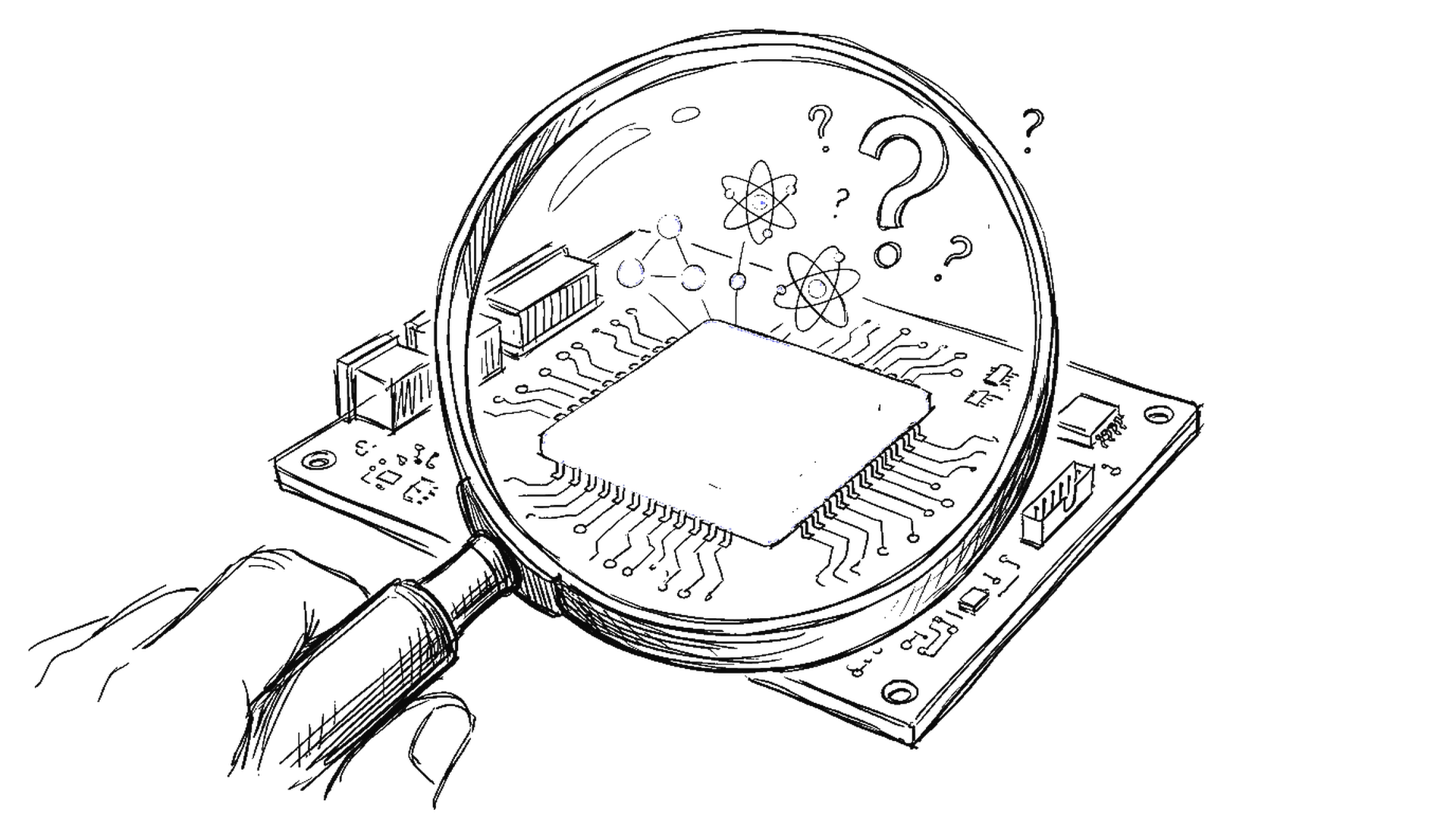 Skizze eines Mikrochips auf einer Platine unter einer grossen Lupe mit elektroblauem Akzent, darueber kleine Atome, Qubit-Punkte und Fragezeichen