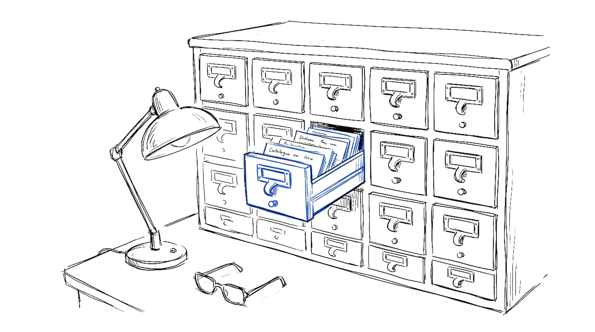 Illustration eines Karteikasten-Schranks mit offener Schublade, kinewsletter.ch Stil