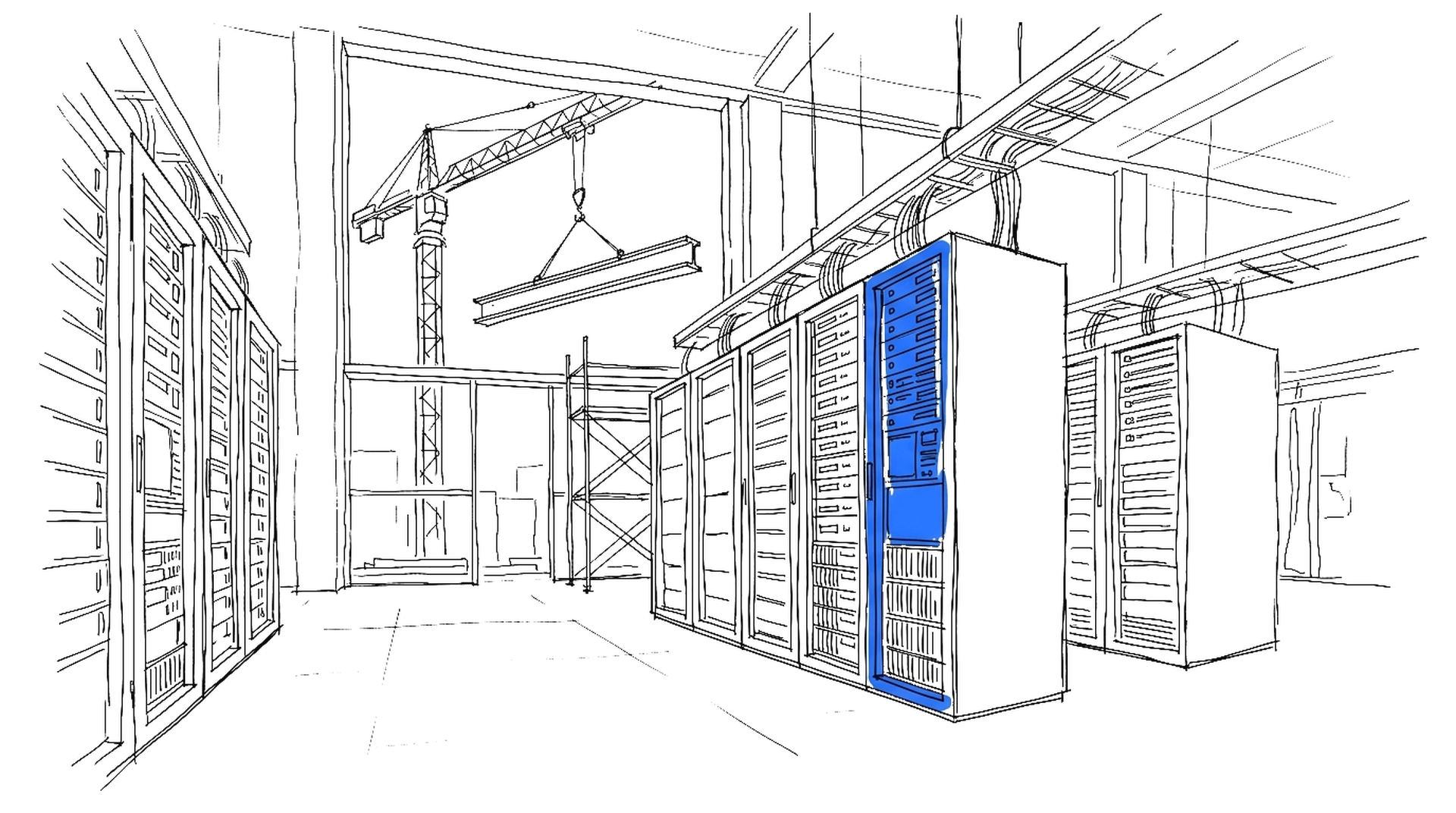 Illustration einer Rechenzentrums-Halle mit Serverschränken, kinewsletter.ch Stil