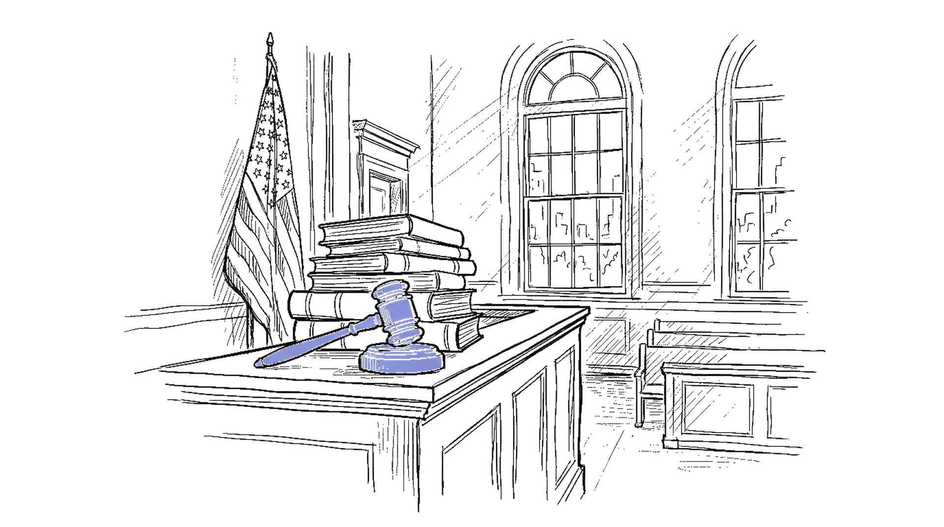 Illustration eines Gerichtssaals mit Richterhammer und Gesetzbüchern, kinewsletter.ch Stil
