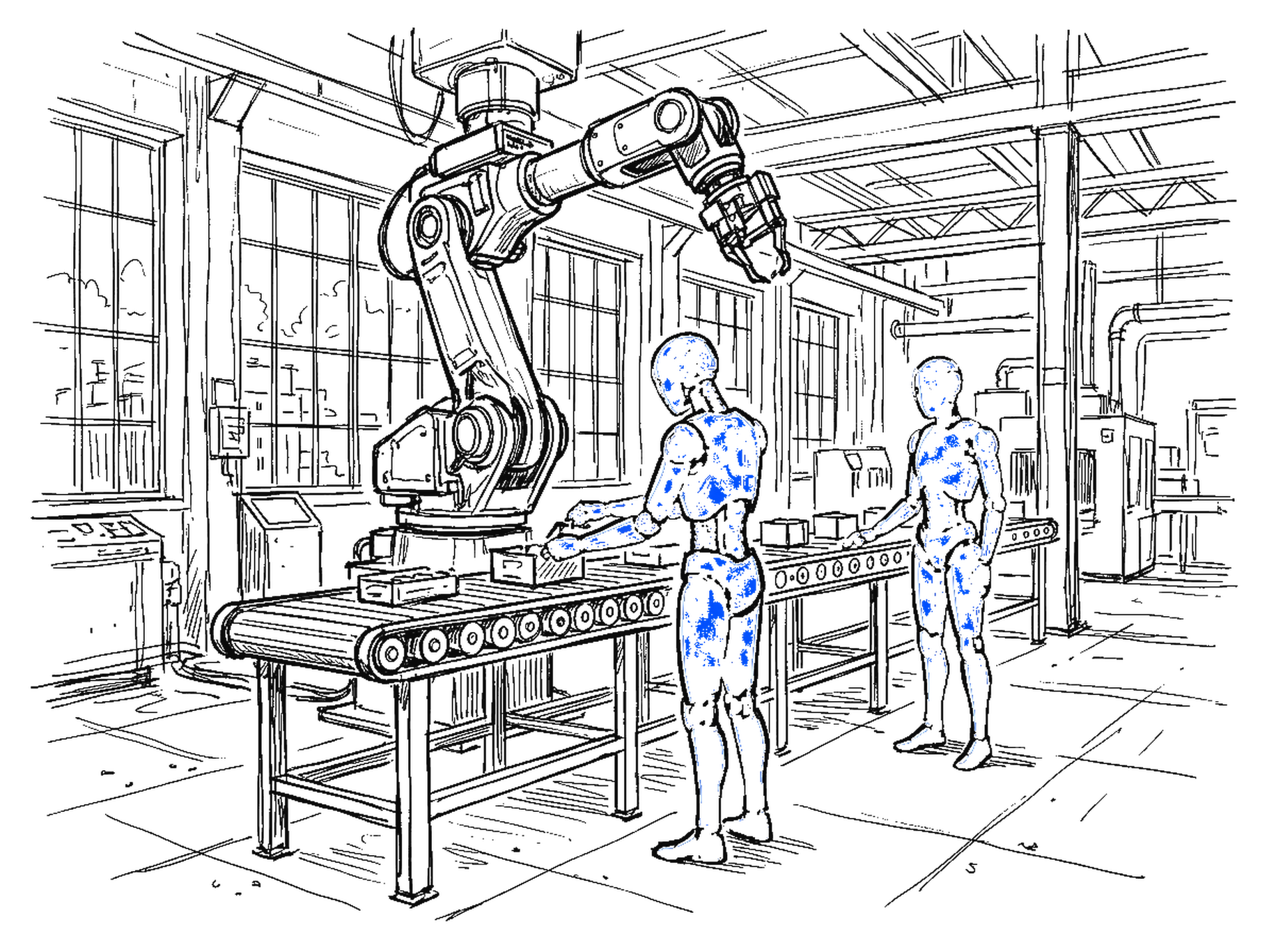 Skizze von zwei humanoiden Robotern an einem Fabrik-Fliessband mit Roboterarm und Förderband, grosse Industriefenster, kinewsletter.ch Stil
