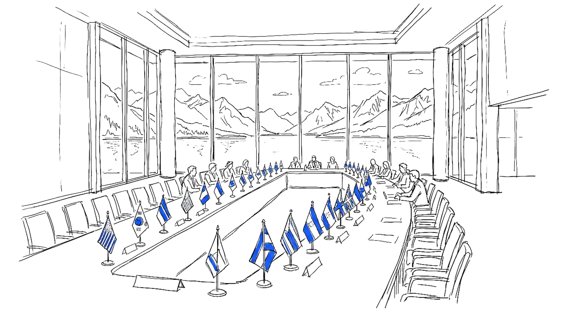 Illustration eines G7-Gipfelsaals mit Flaggen am See, kinewsletter.ch Stil