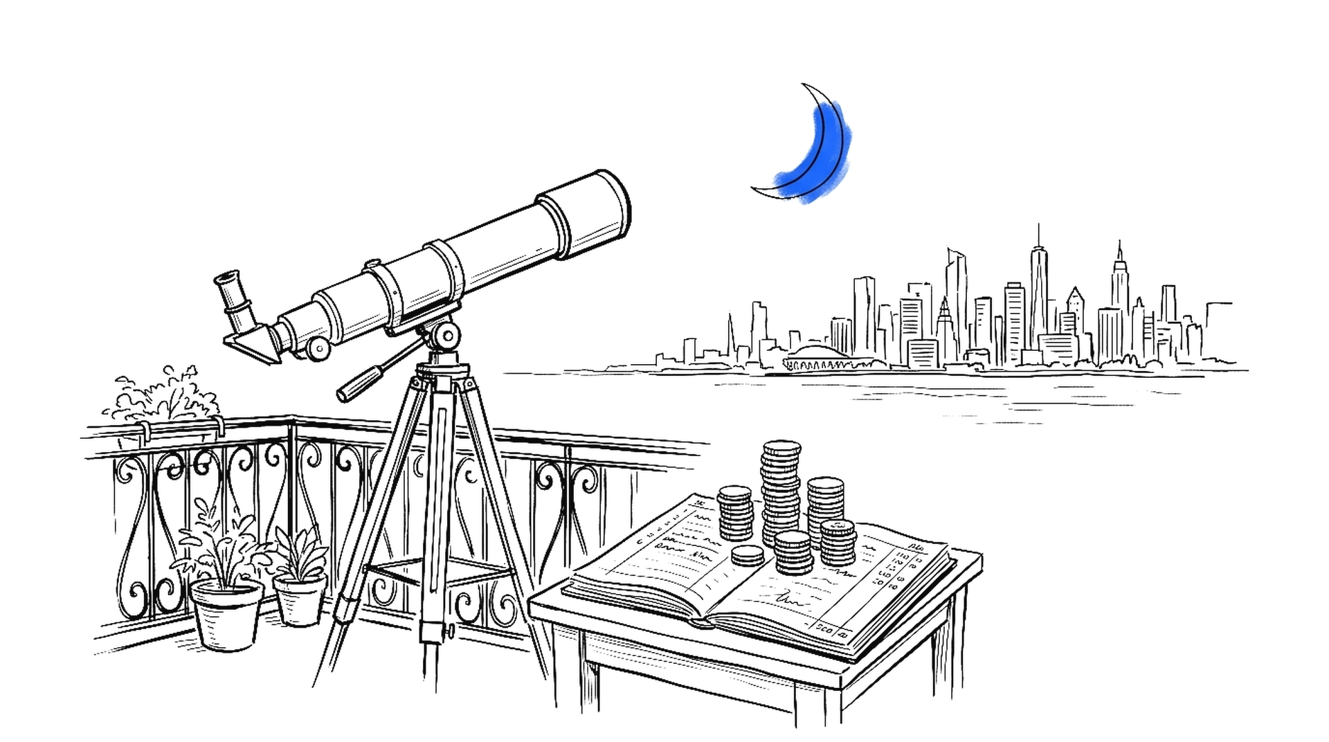 Illustration eines Teleskops mit blauer Mondsichel über einer Skyline, kinewsletter.ch Stil