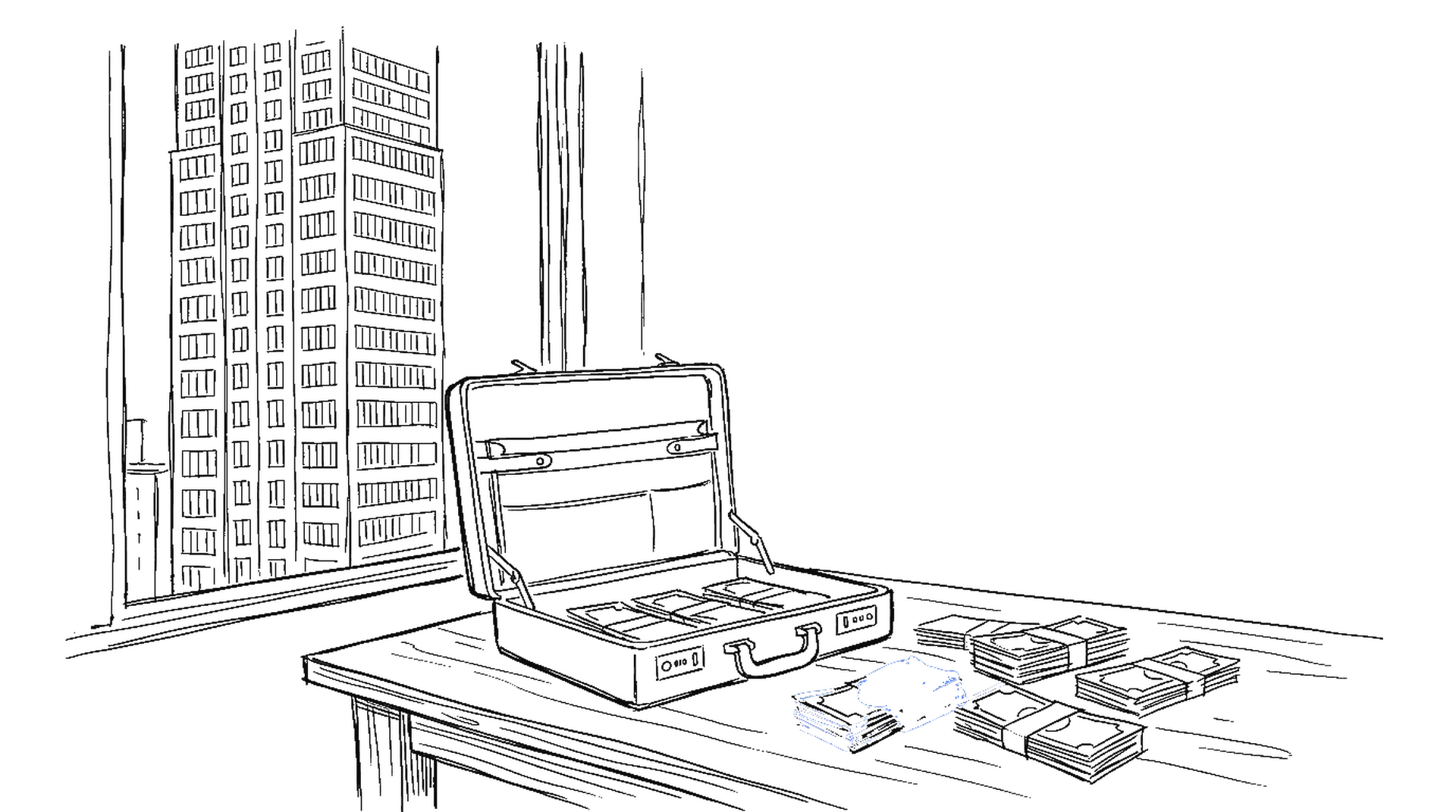 Illustration eines Aktenkoffers mit Geldscheinen vor einer Hochhausfassade, kinewsletter.ch Stil