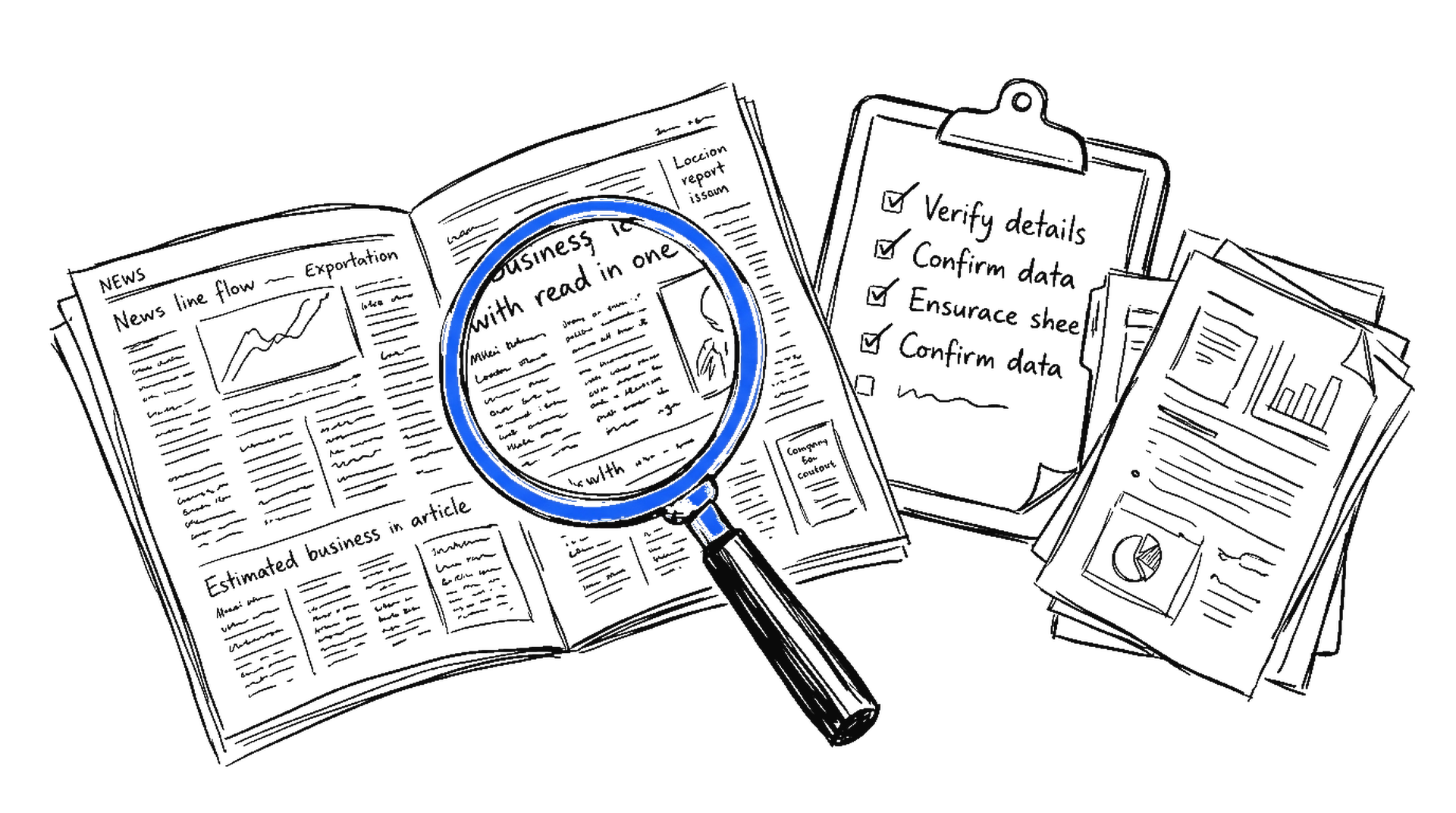 Illustration einer Lupe über einer Zeitung mit Checkliste, kinewsletter.ch Stil