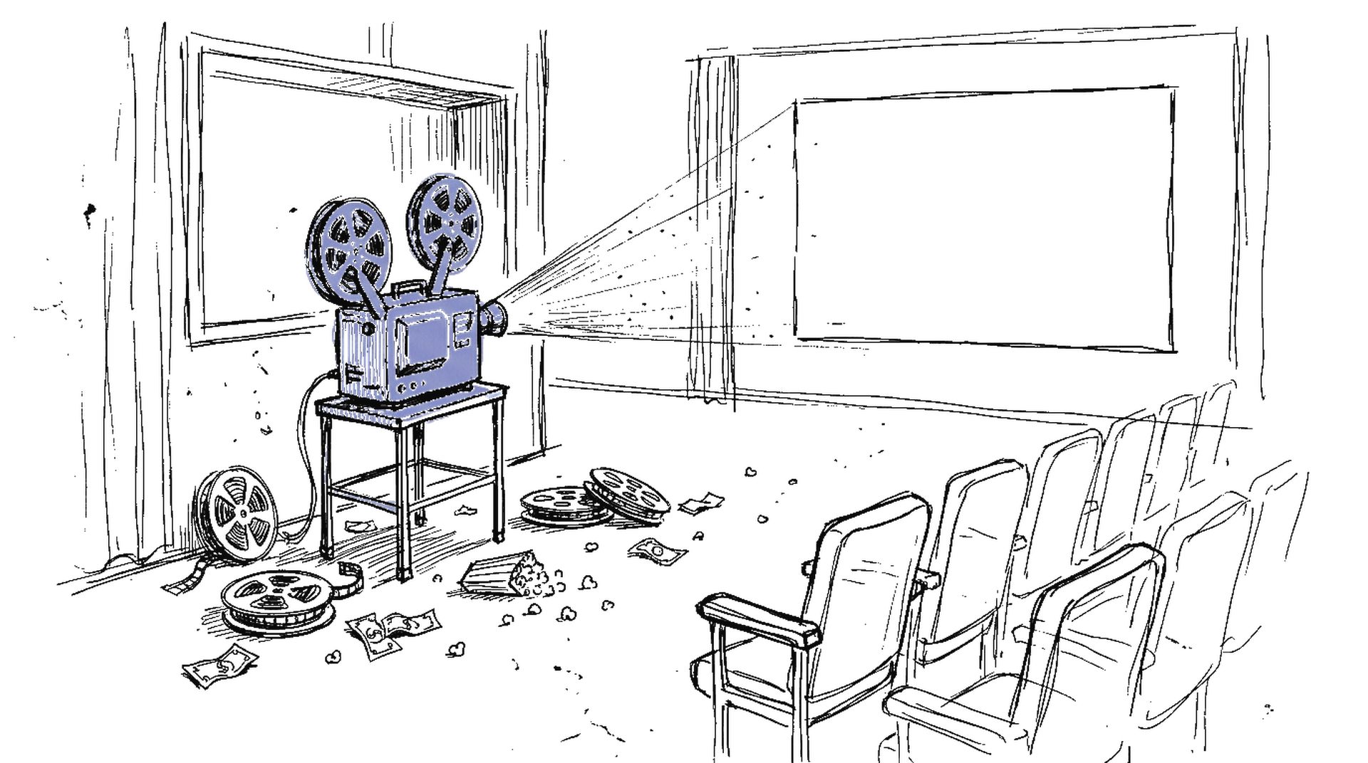 Illustration eines Filmprojektors mit Filmrollen und Dollarscheinen, kinewsletter.ch Stil