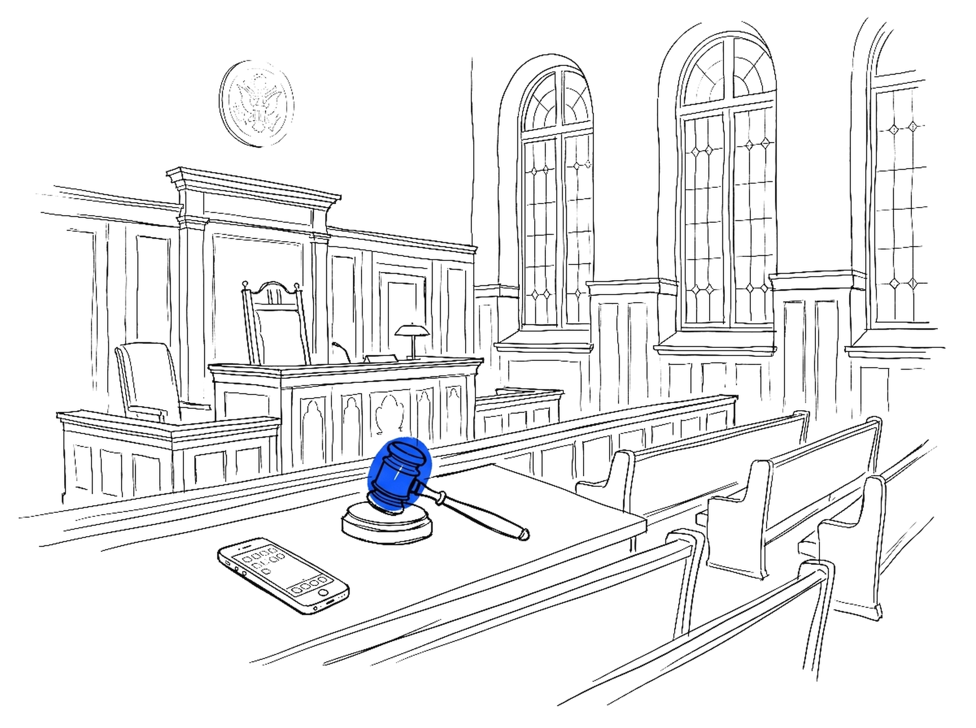 Illustration eines Gerichtssaals mit Richterhammer und Smartphone, kinewsletter.ch Stil