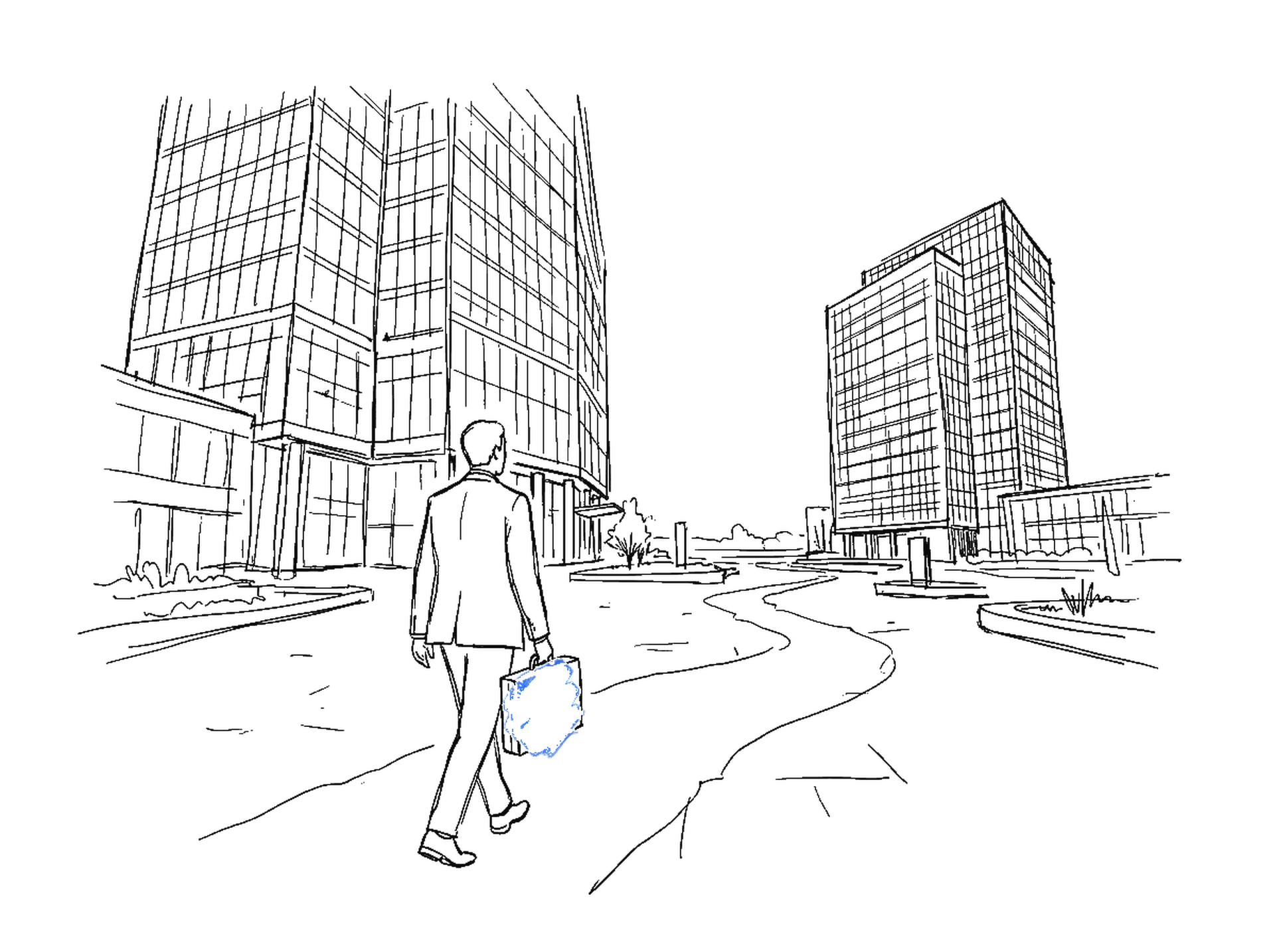 Handgezeichnete Skizze einer Person mit Aktentasche, die auf einem Weg von einem Bueroturm zu einem anderen geht, mit elektroblauem Akzent
